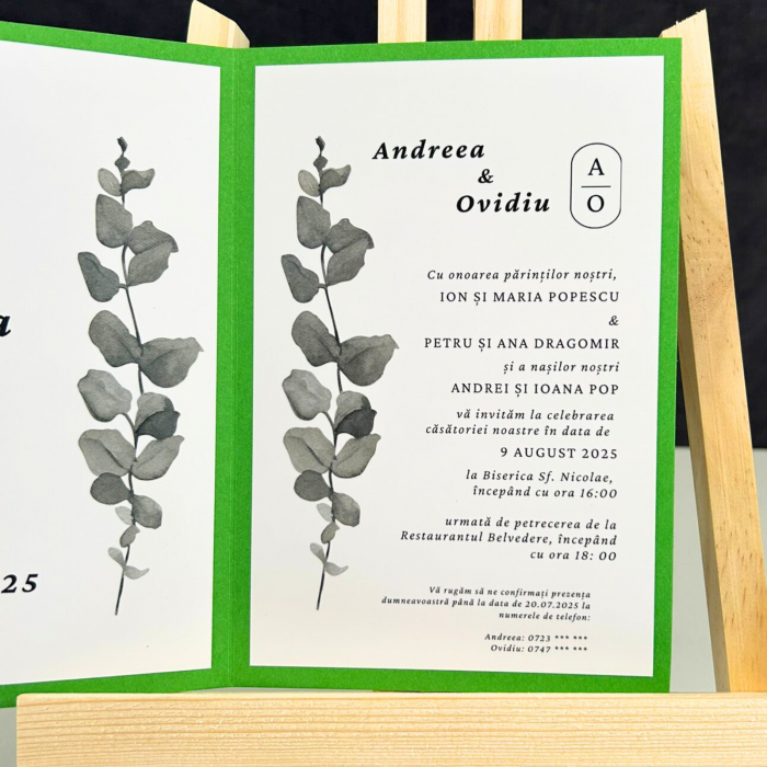 Invitație de nuntă minimalistă, pliabilă, cu toc verde [4]