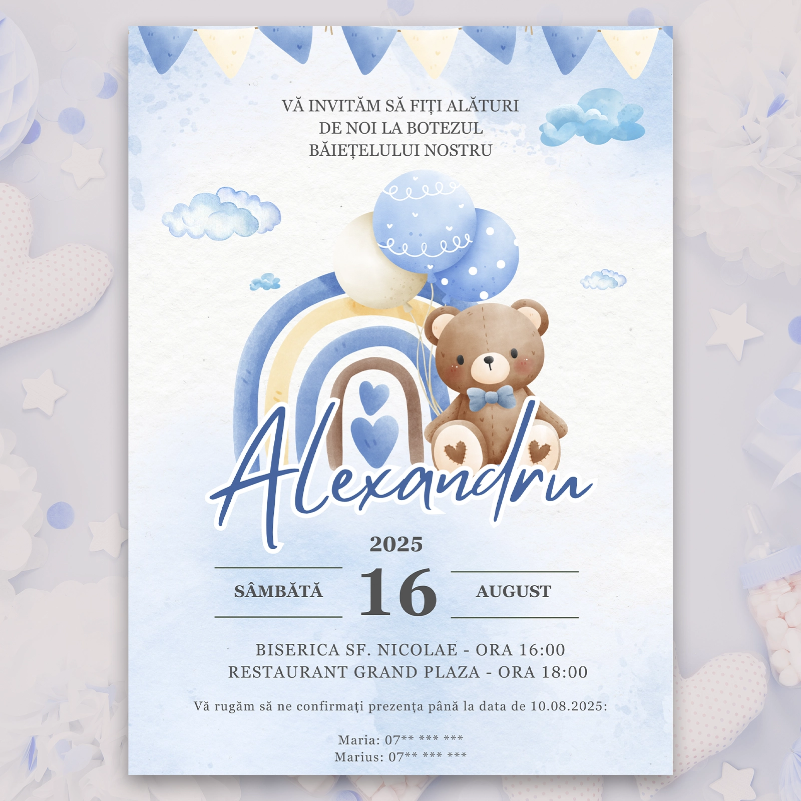 Invitație digitală botez, albastră cu ursuleț [2]