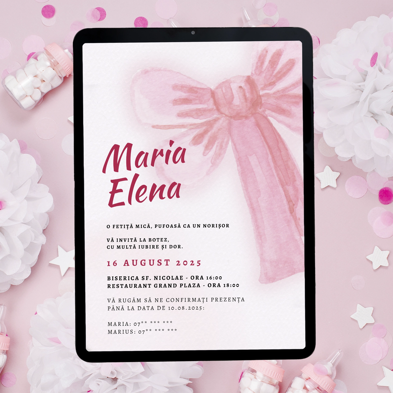 Invitație digitală botez cu fundă roz [1]