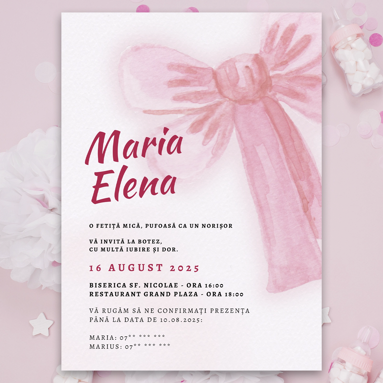 Invitație digitală botez cu fundă roz [2]
