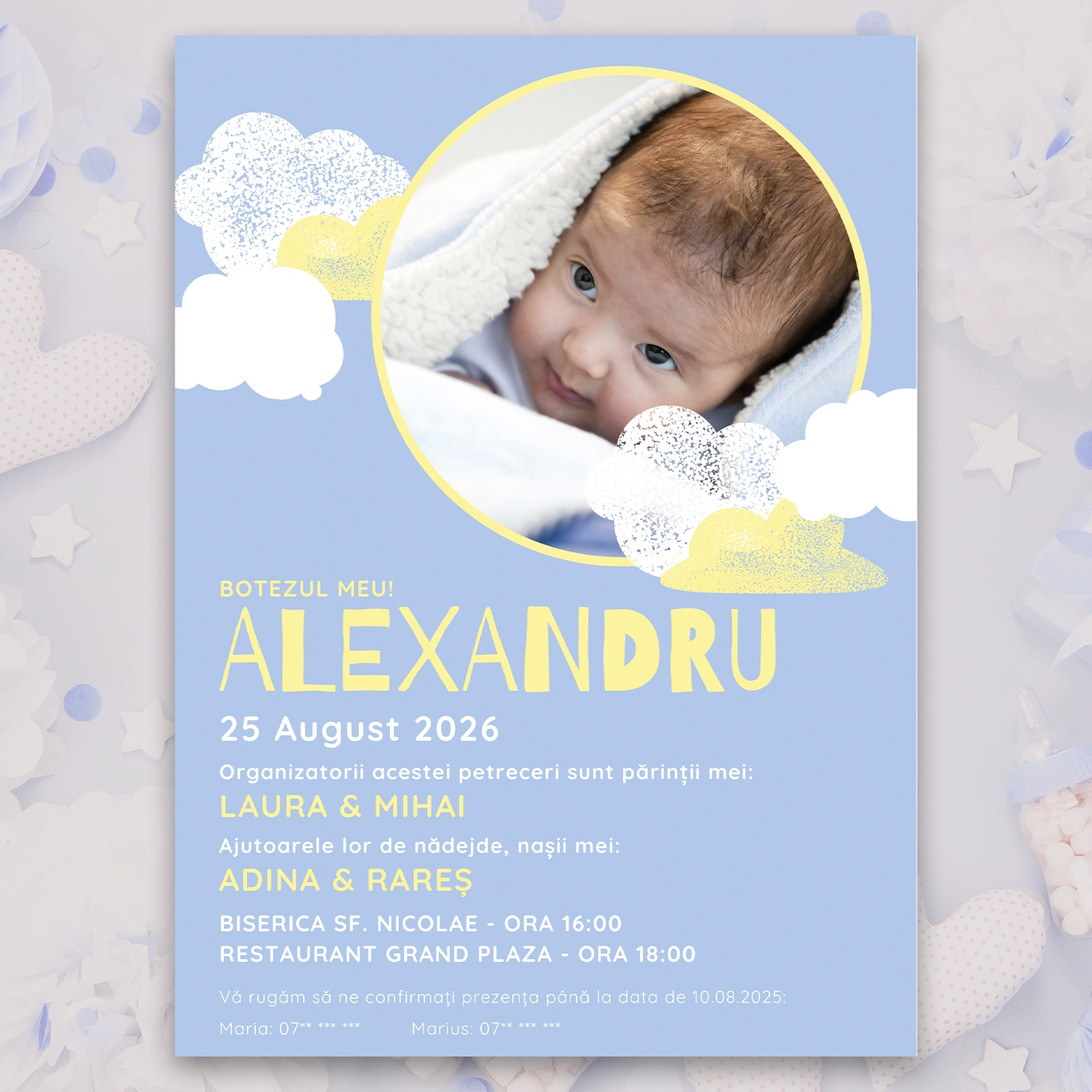 Invitație digitală botez cu poză, albastră cu galben [2]