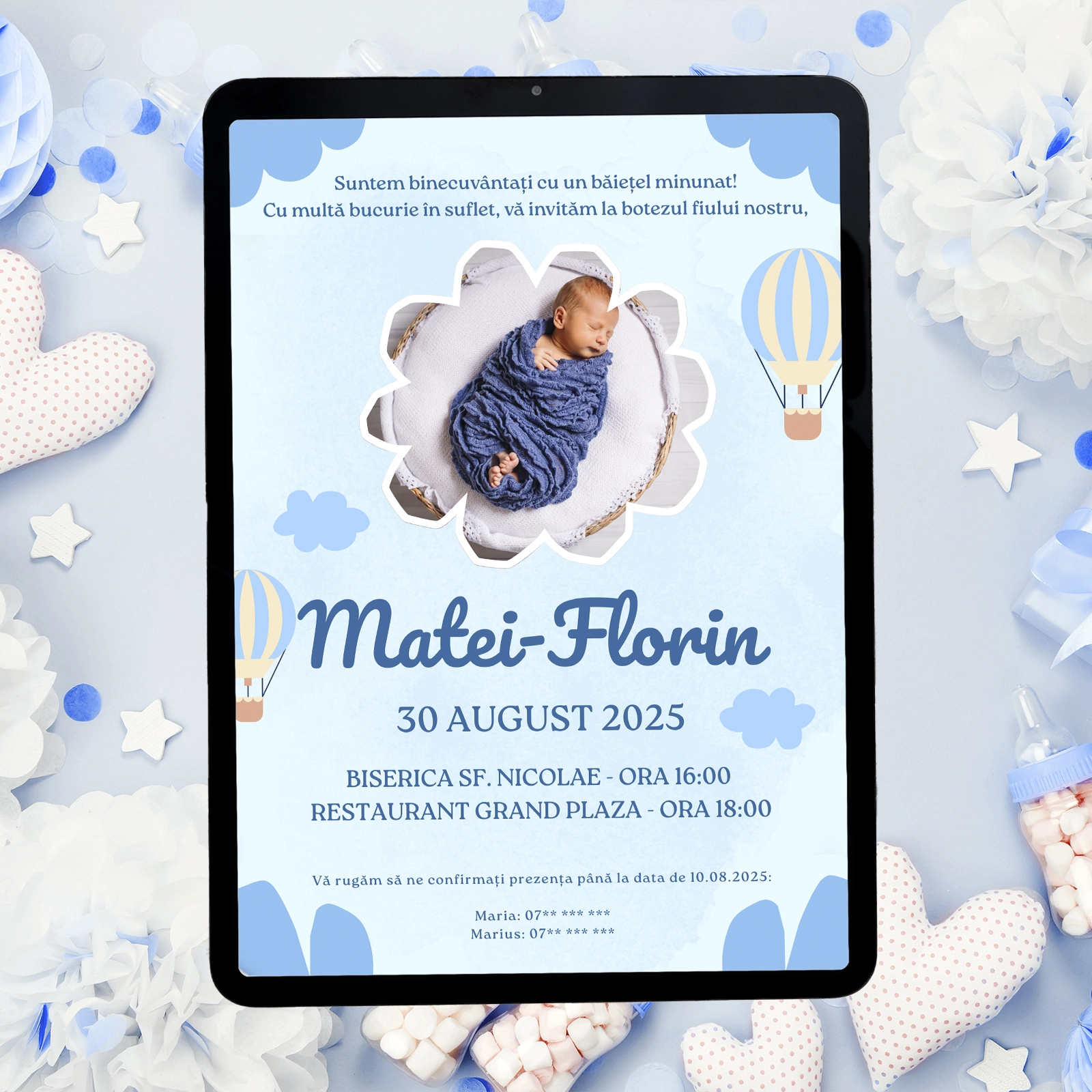 Invitație digitală botez, model albastru cu poză [1]