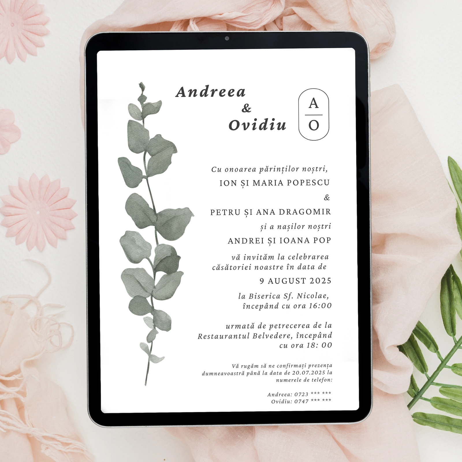 Invitație digitală de nuntă, modernă, model floral [1]