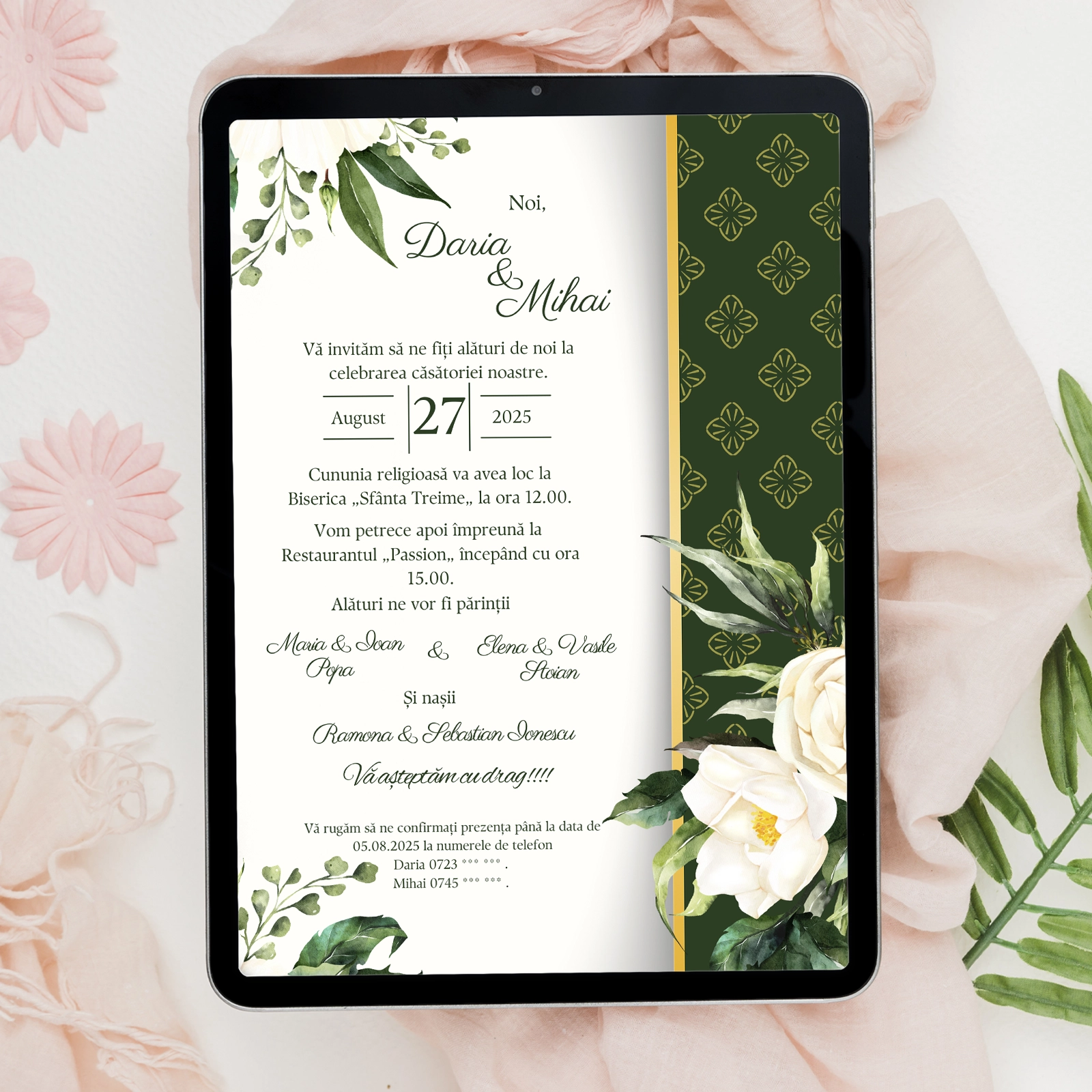 Invitație digitală de nuntă cu flori albe, fundal verde smarald și design elegant personalizat [1]