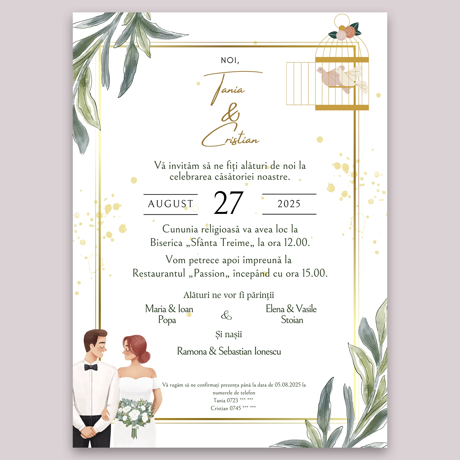 Invitație digitală nuntă, design floral cu miri [2]