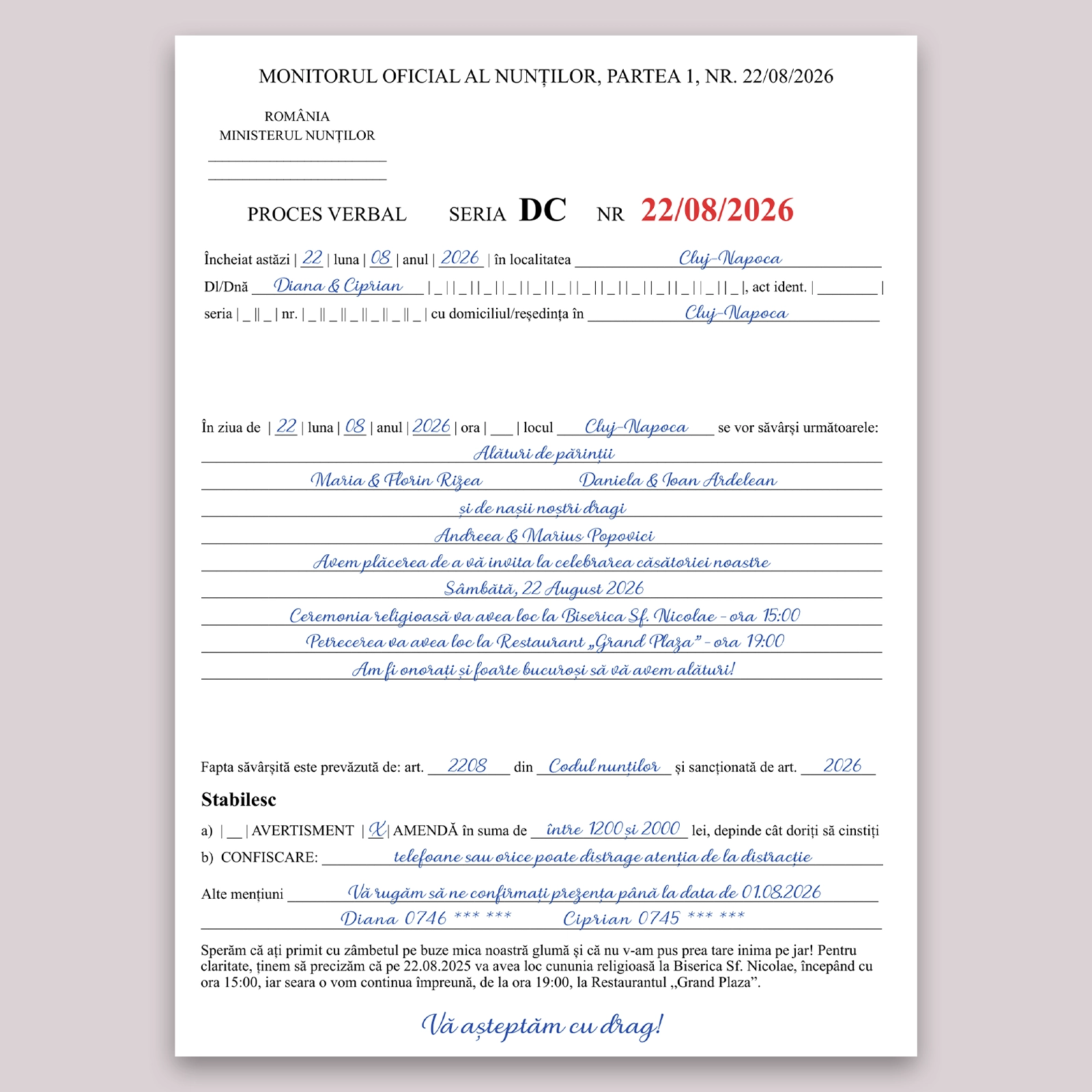Invitație digitală nuntă tip proces verbal/amendă/citație [2]