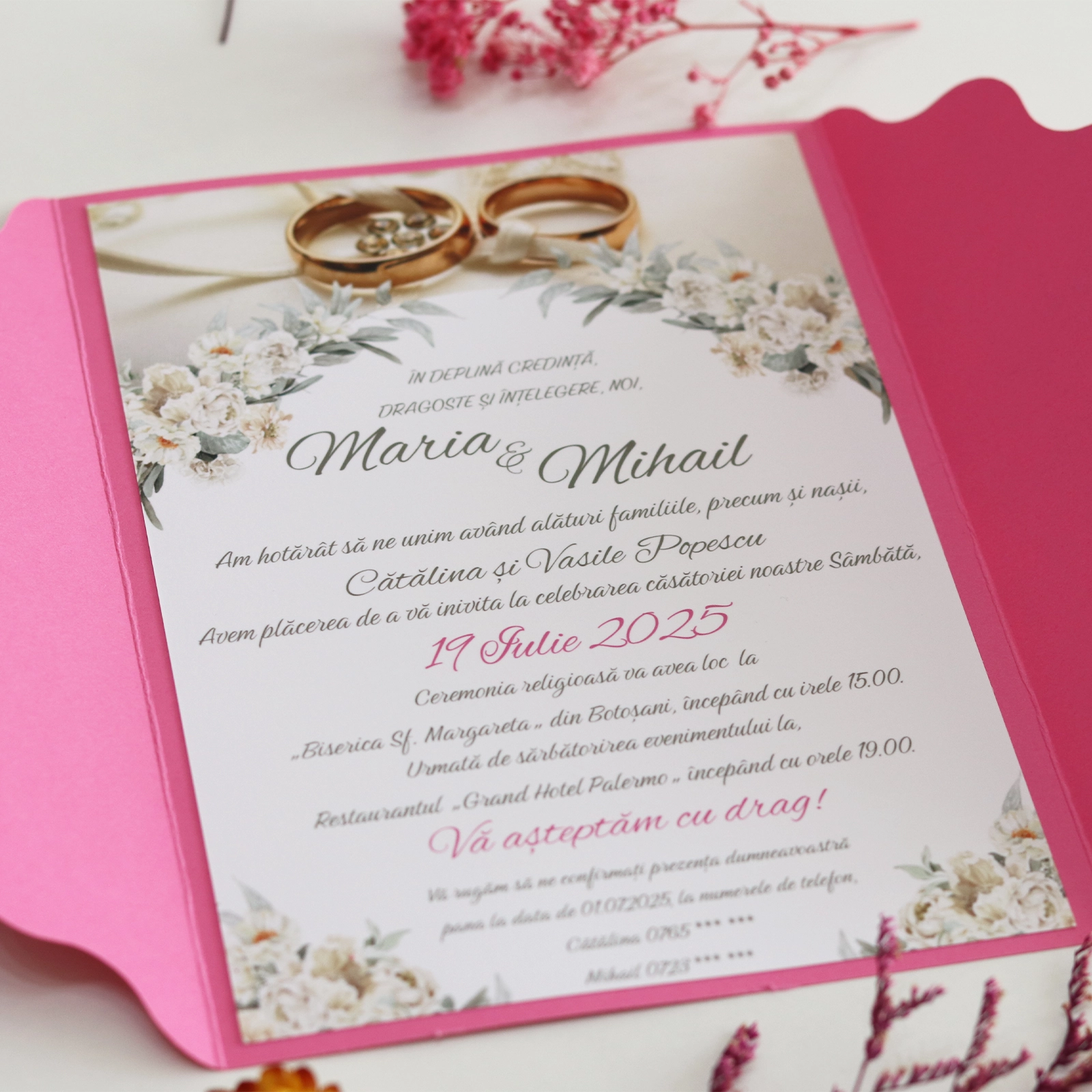 Invitație nuntă cu inele și plic roz [5]