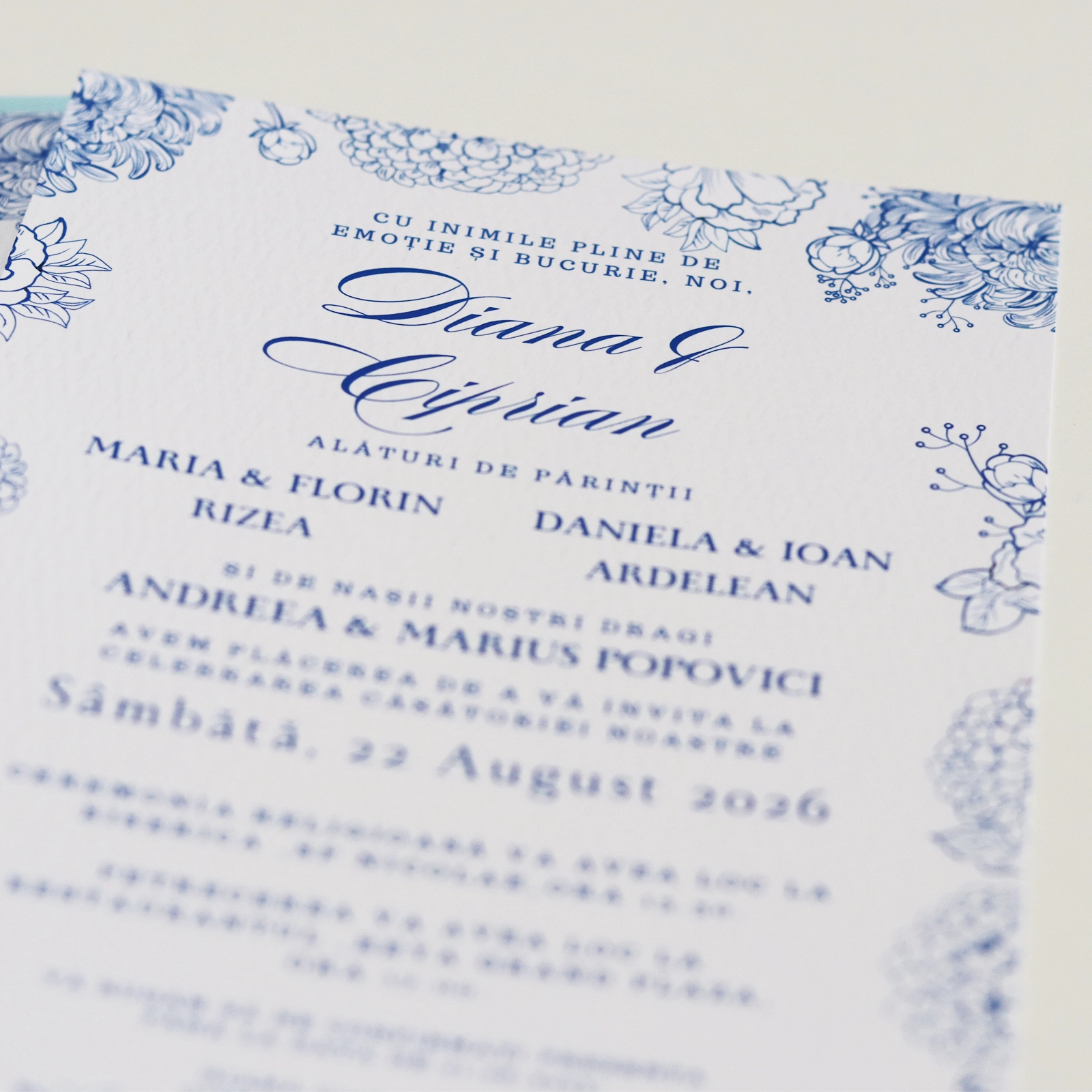 Invitație nuntă, model floral albastru cu plic [5]