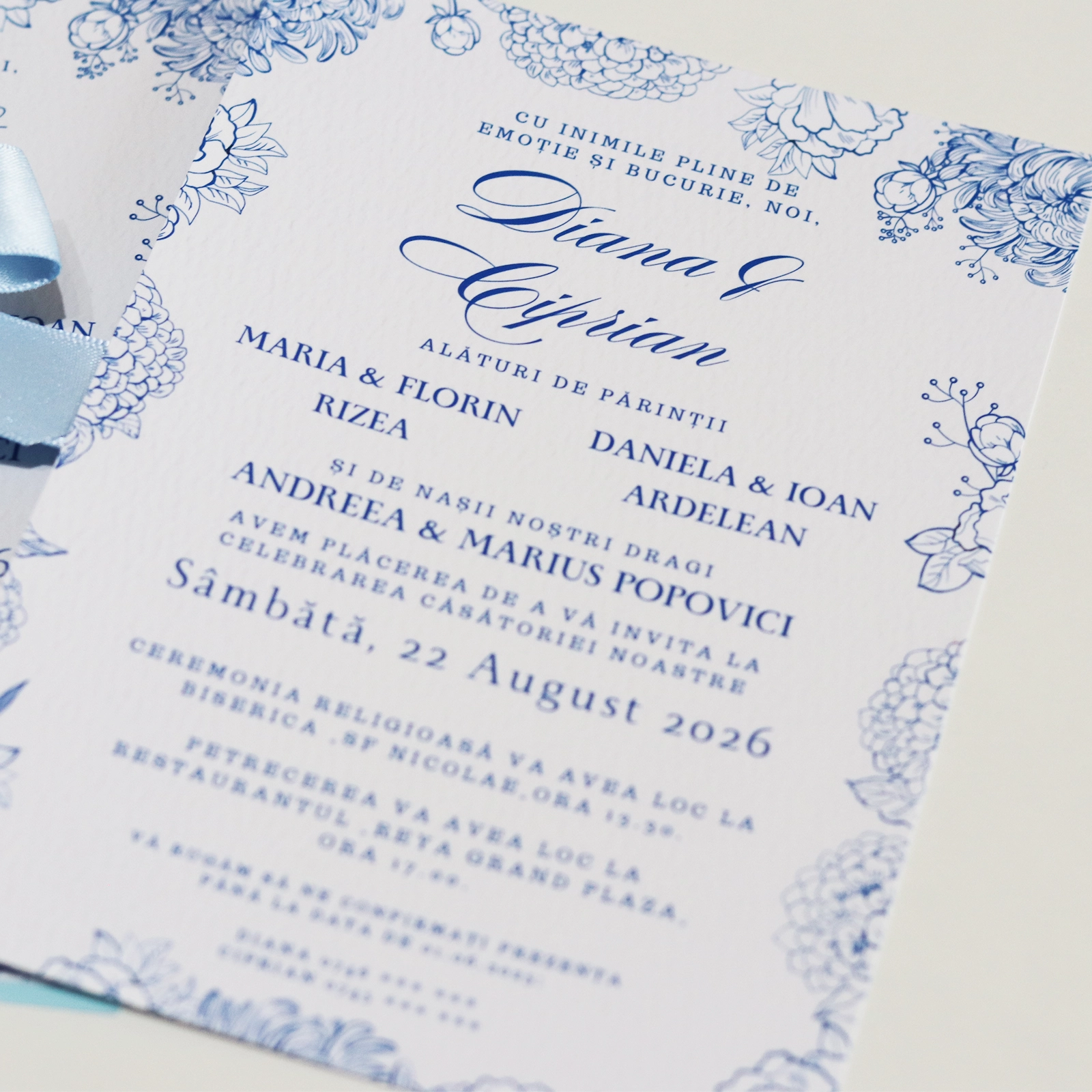 Invitație nuntă, model floral albastru cu plic [4]