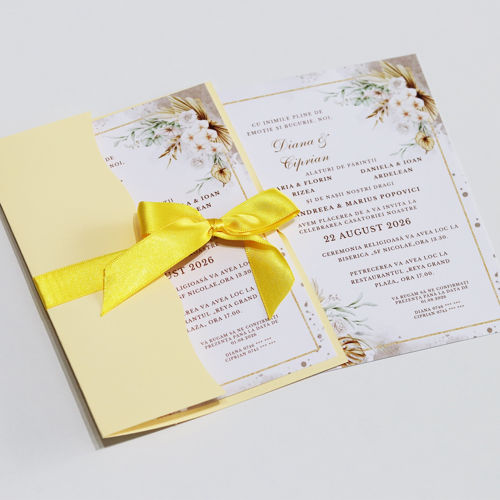 Invitație nuntă, model floral cu plic și panglică [5]