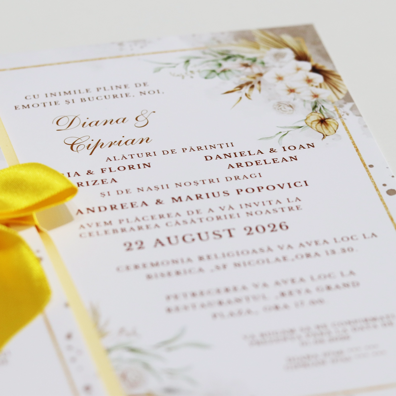 Invitație nuntă, model floral cu plic și panglică [4]