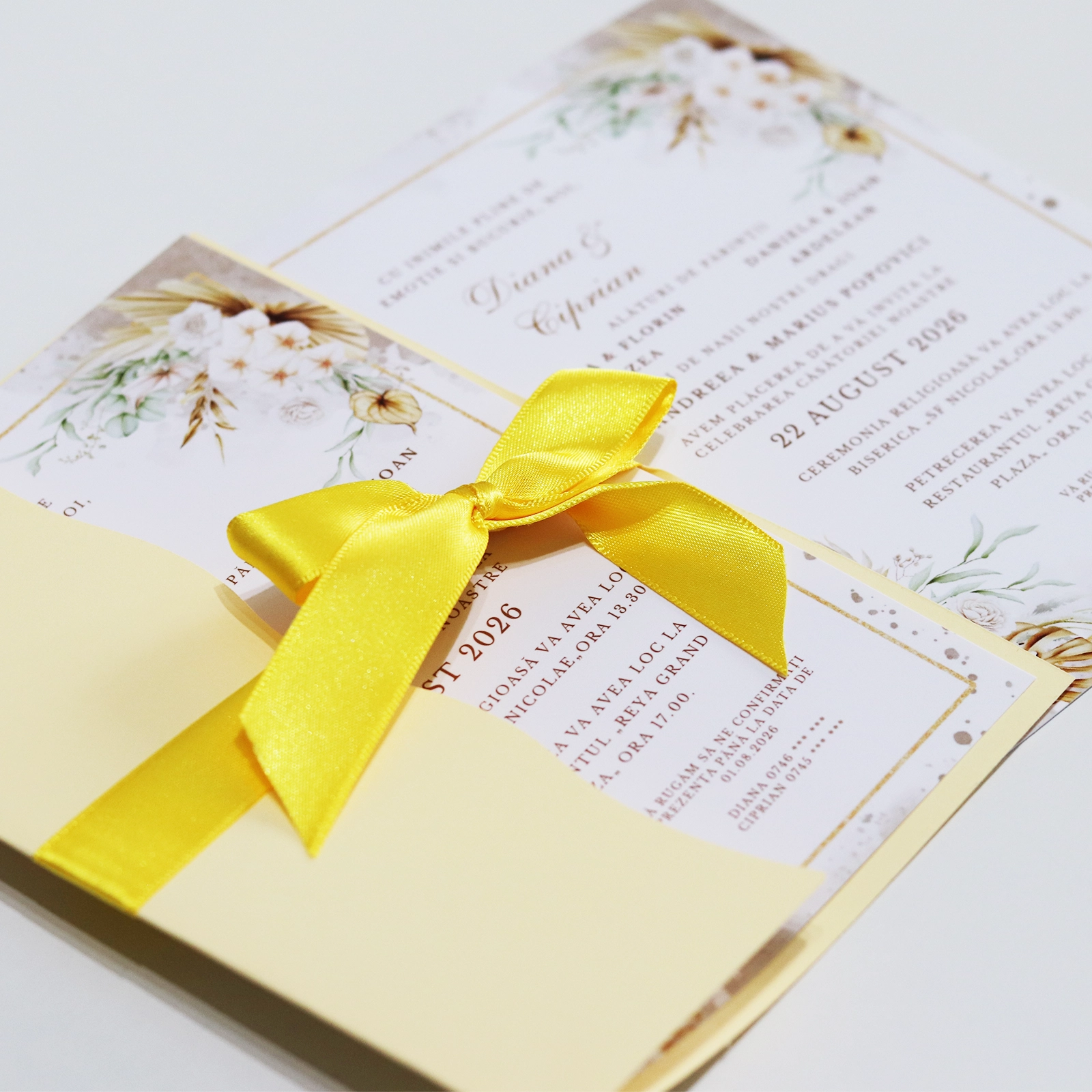 Invitație nuntă, model floral cu plic și panglică [3]