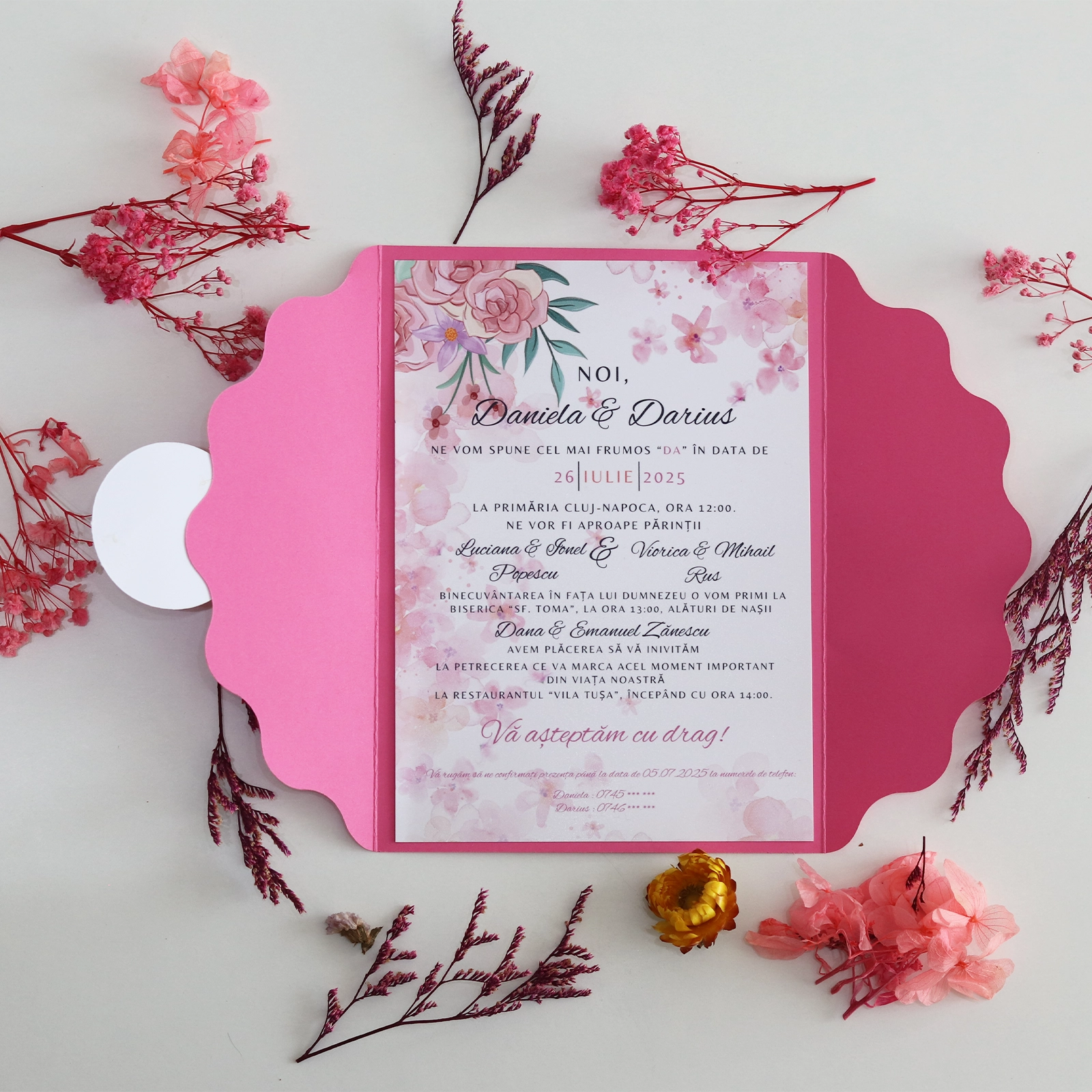 Invitație nuntă model floral roz cu plic [5]