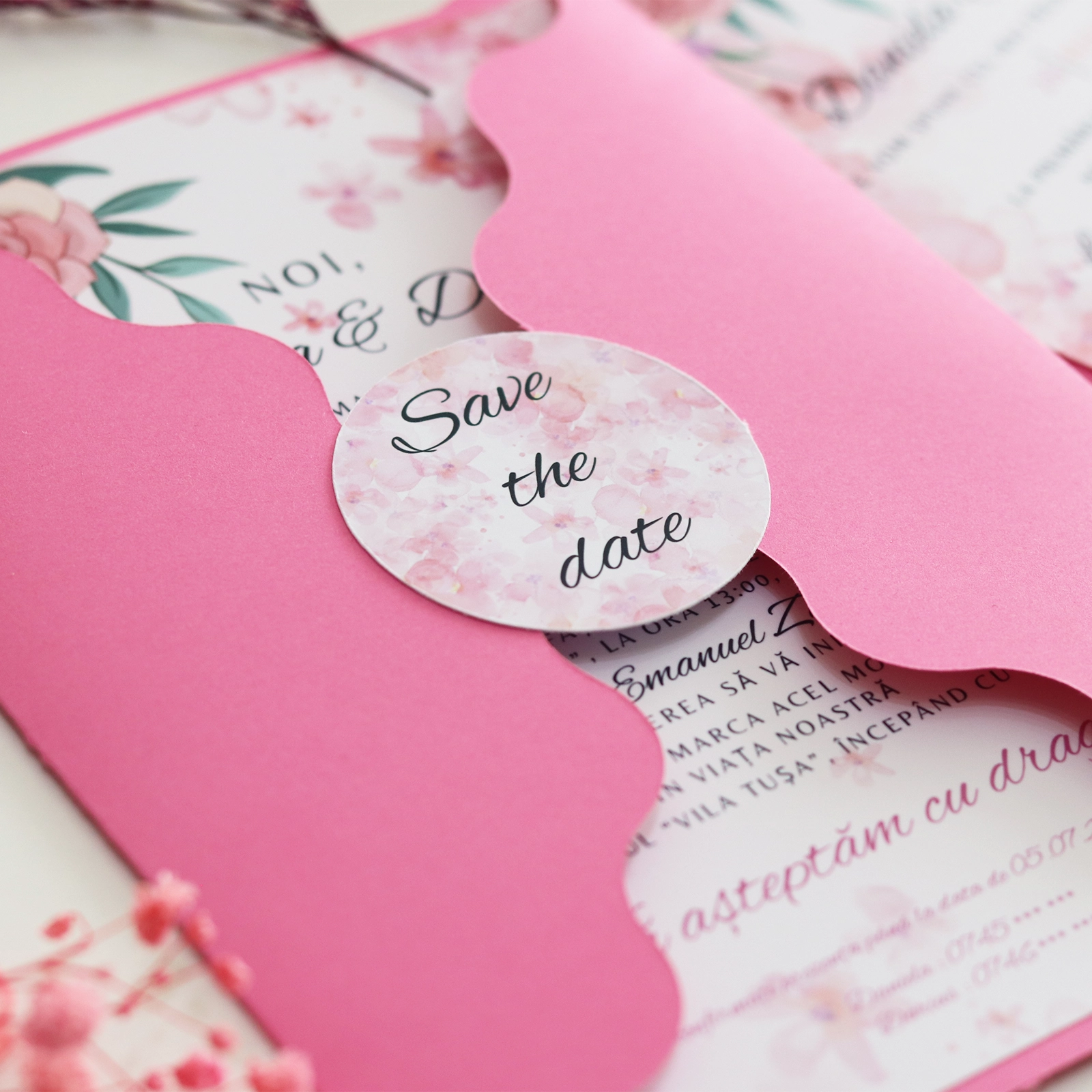 Invitație nuntă model floral roz cu plic [3]