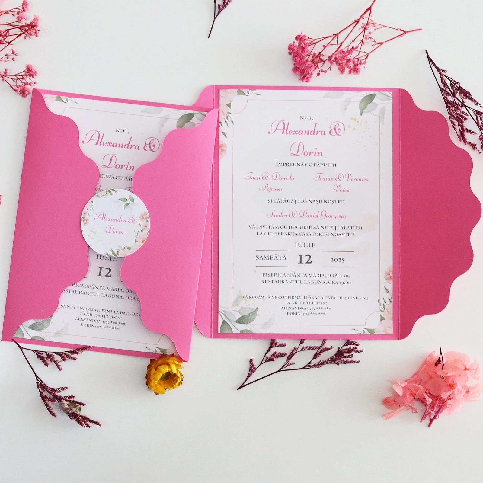 Invitație nuntă roz cu plic și sticker [1]