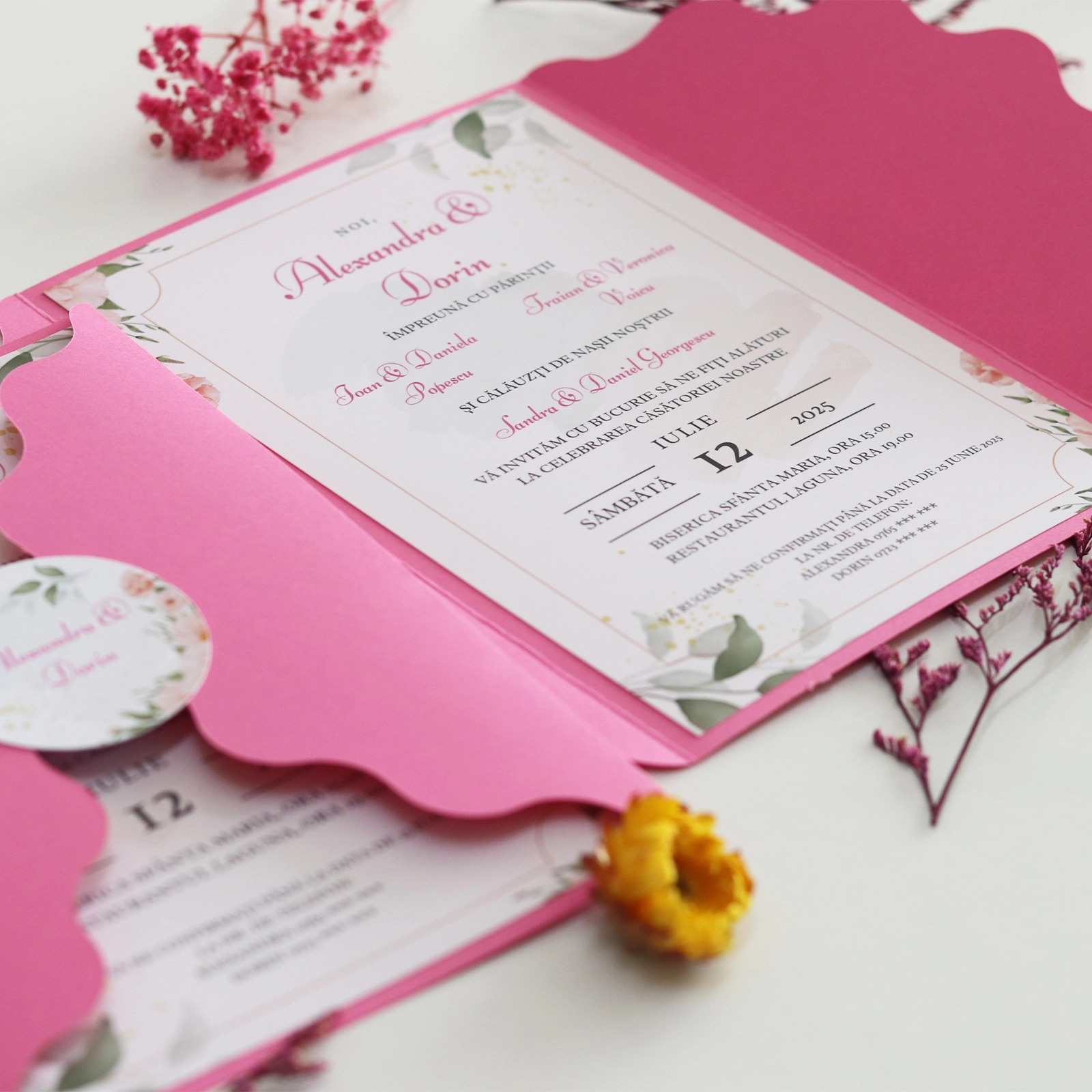 Invitație nuntă roz cu plic și sticker [3]