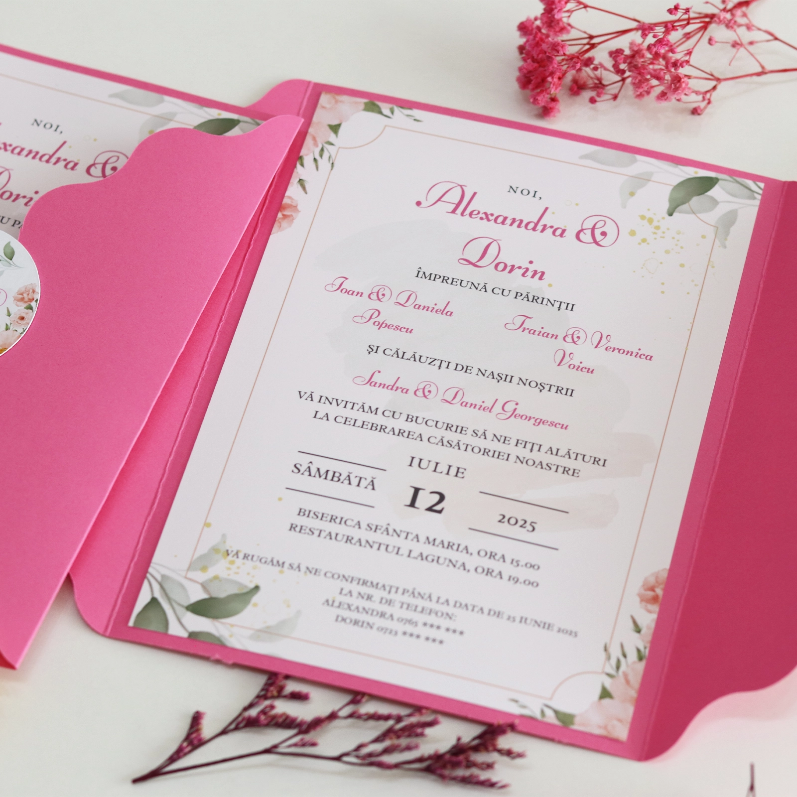 Invitație nuntă roz cu plic și sticker [2]