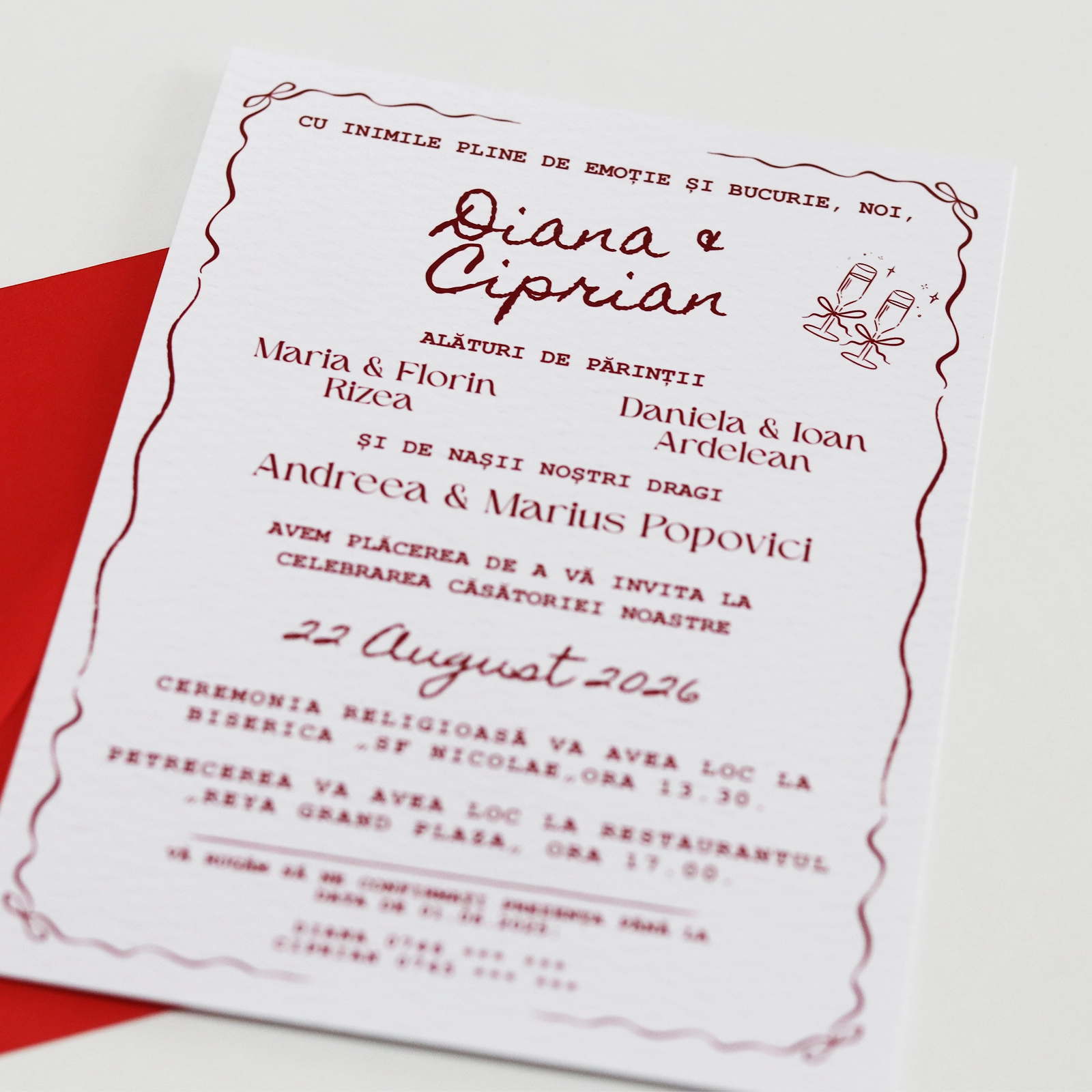Invitație nuntă stil caligrafic cu plic roșu [3]
