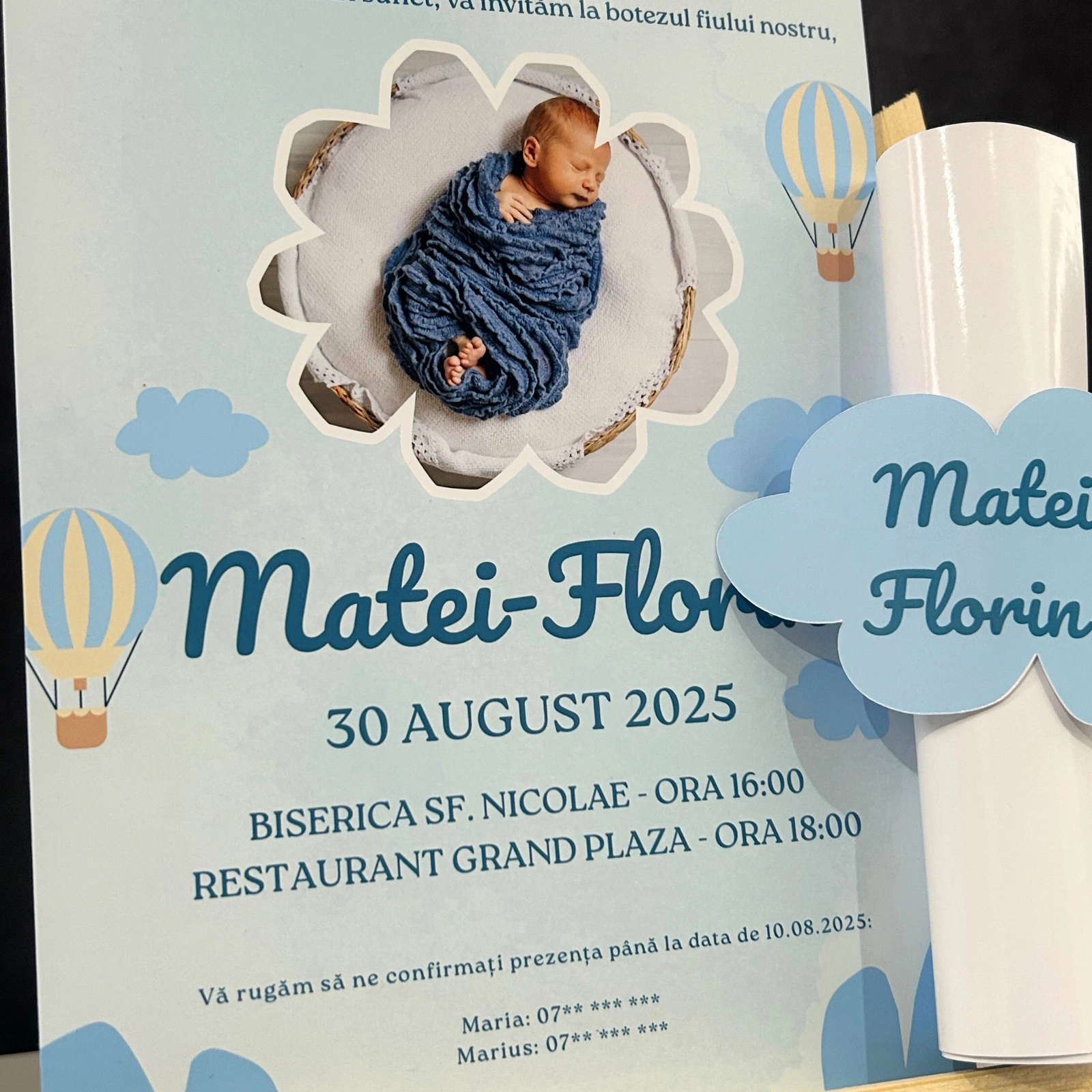 Invitație papirus botez, model albastru cu poză [3]