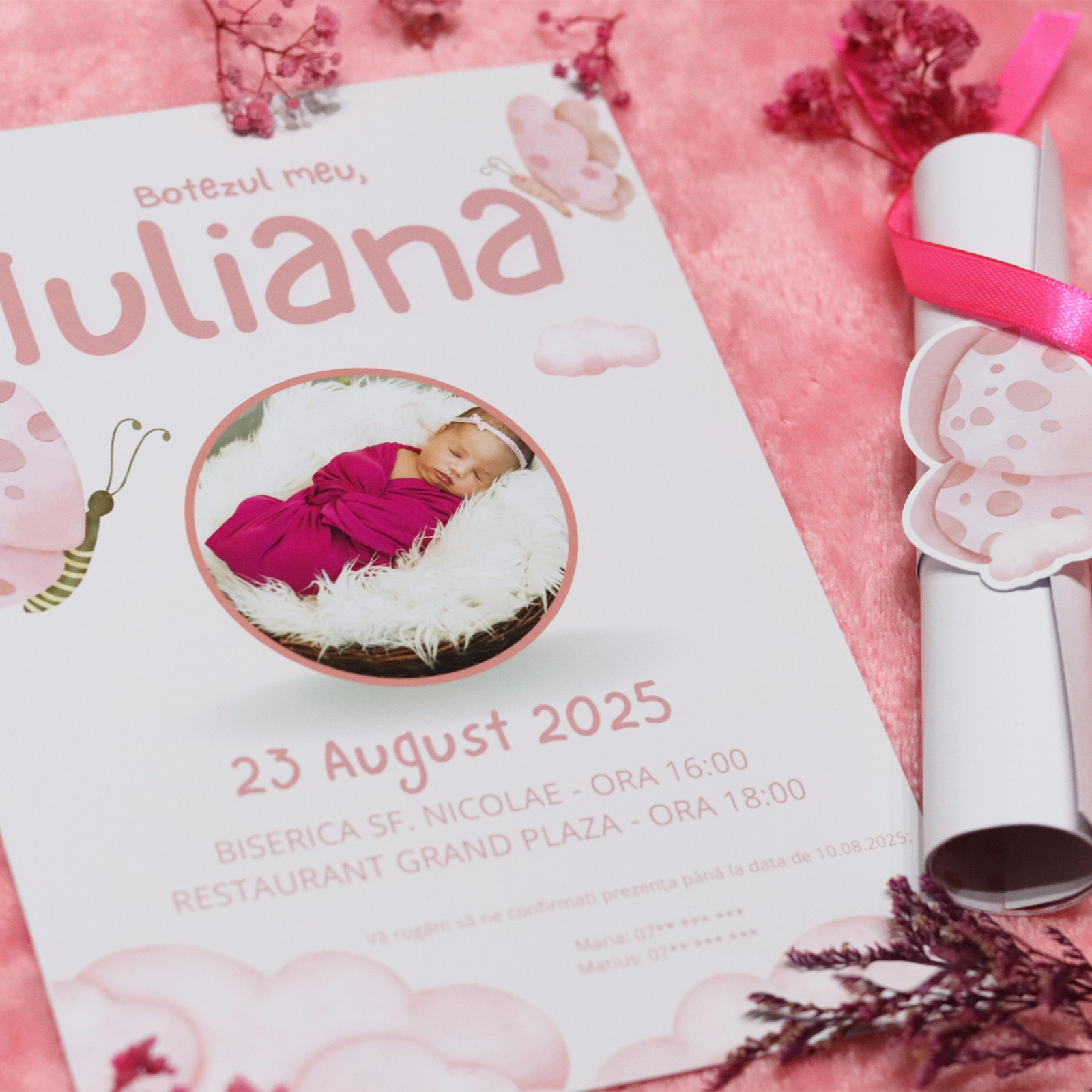 Invitație papirus botez, roz cu fluturi [3]