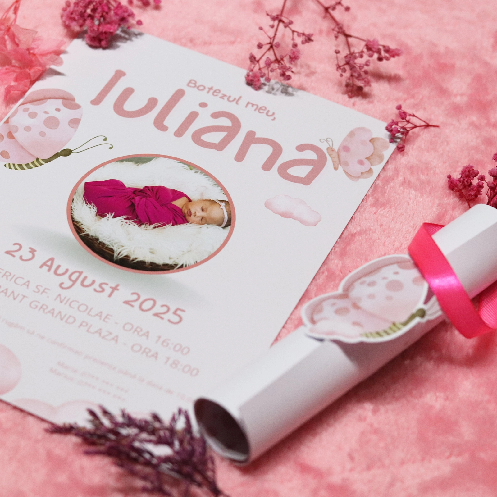 Invitație papirus botez, roz cu fluturi [4]