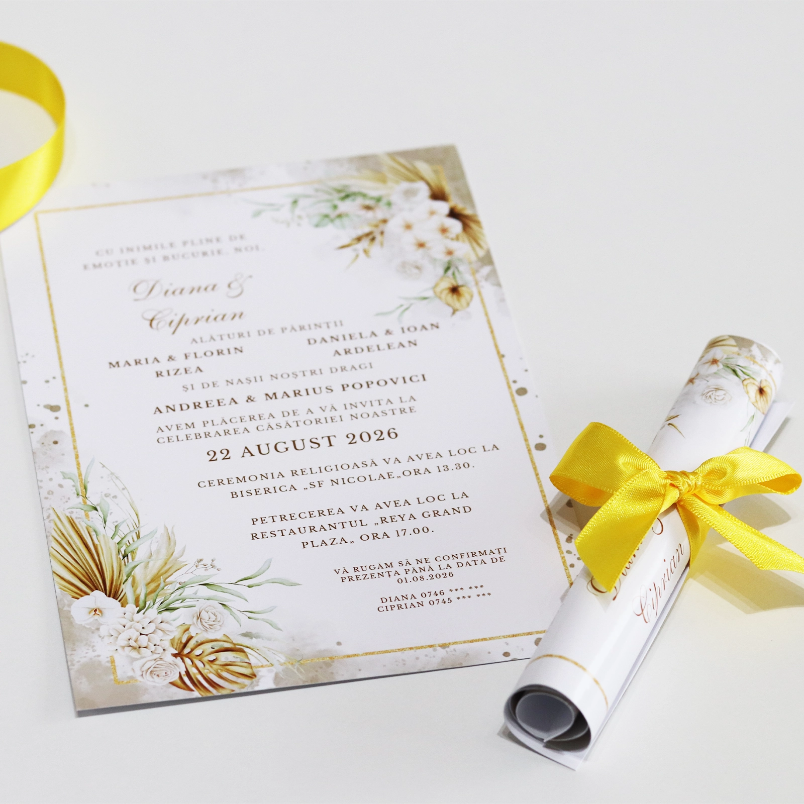 Invitație papirus nuntă, model floral [2]