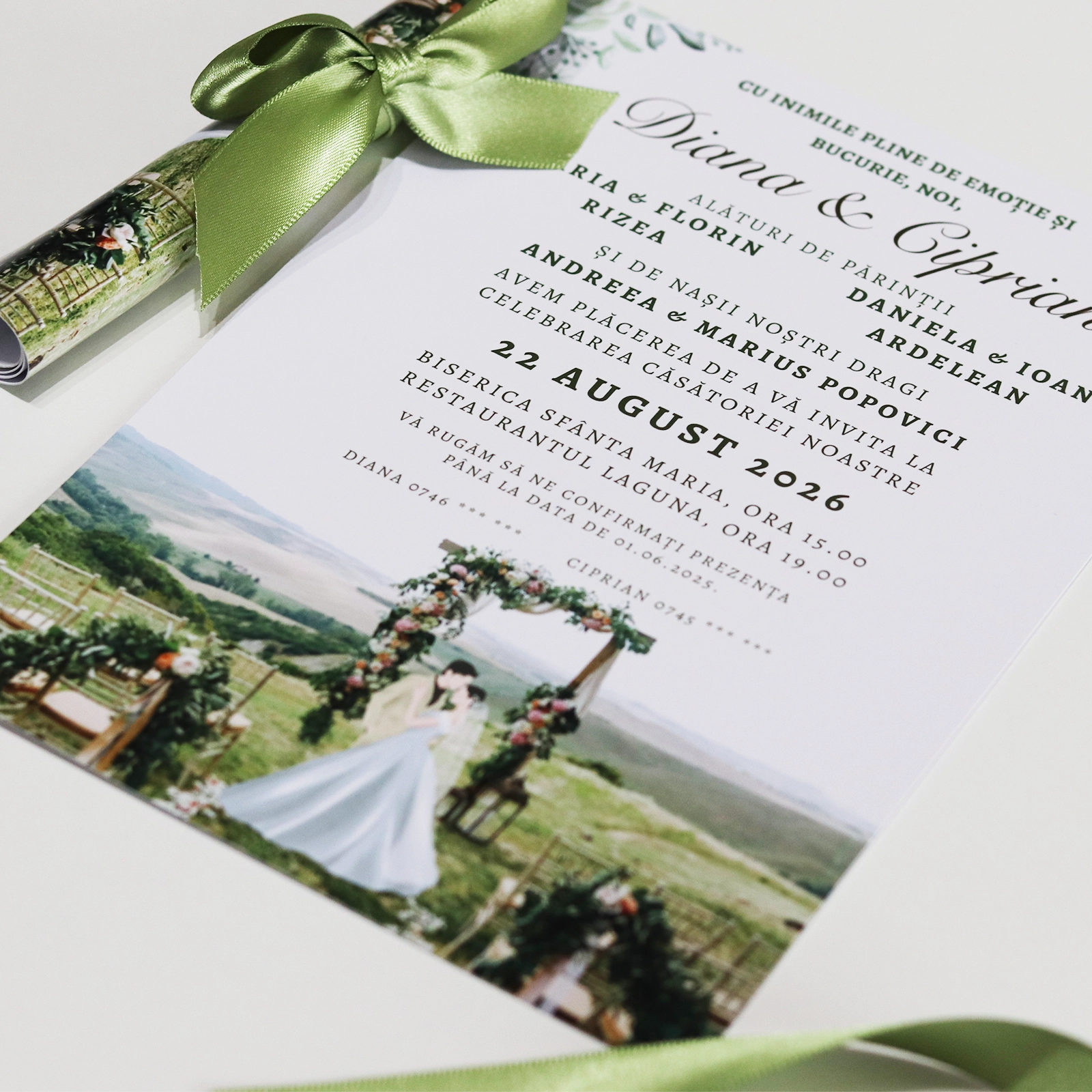 Invitație papirus nuntă, peisaj cu miri [4]