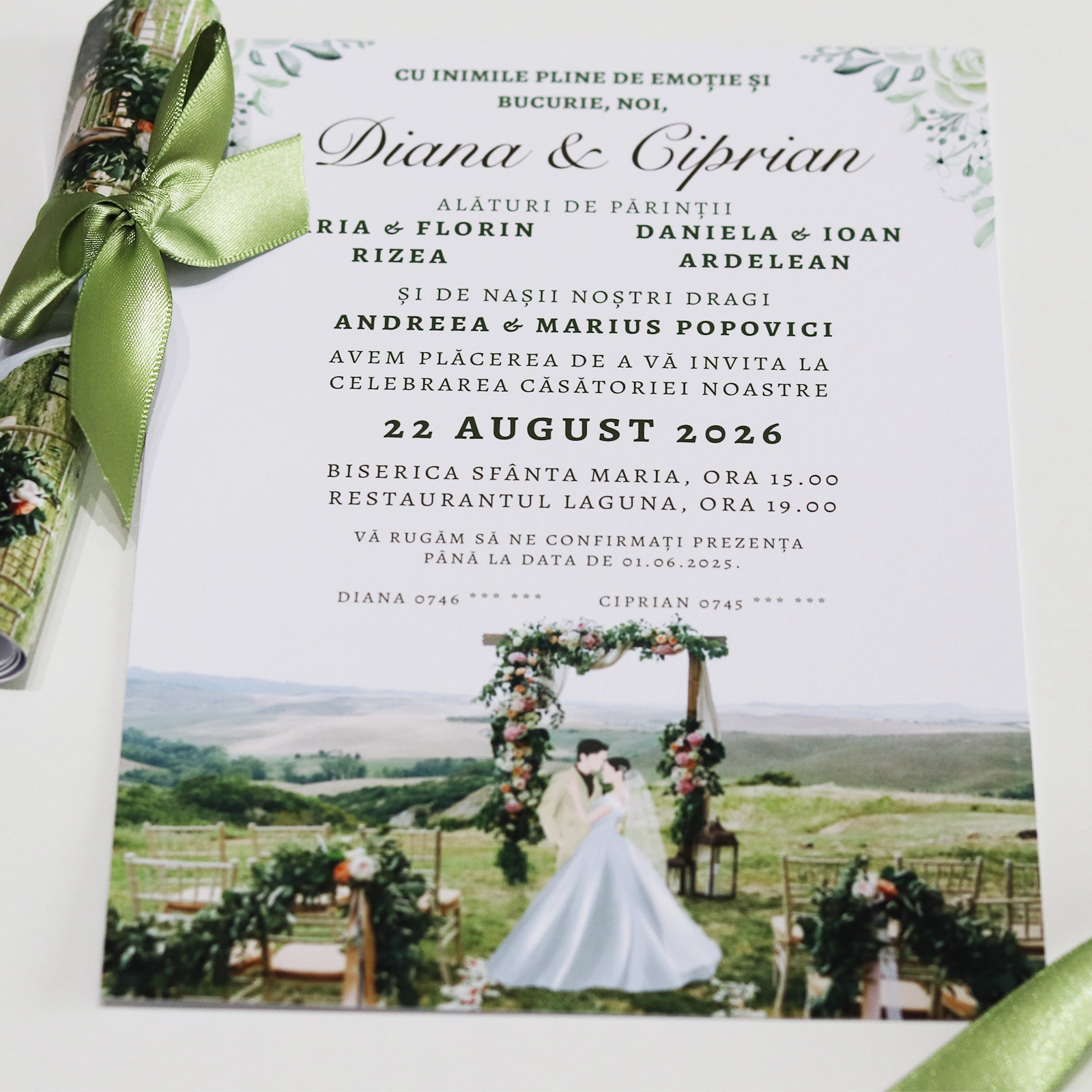 Invitație papirus nuntă, peisaj cu miri [3]