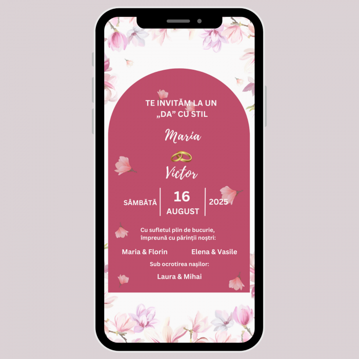 Invitație video de nuntă, model floral roz [1]
