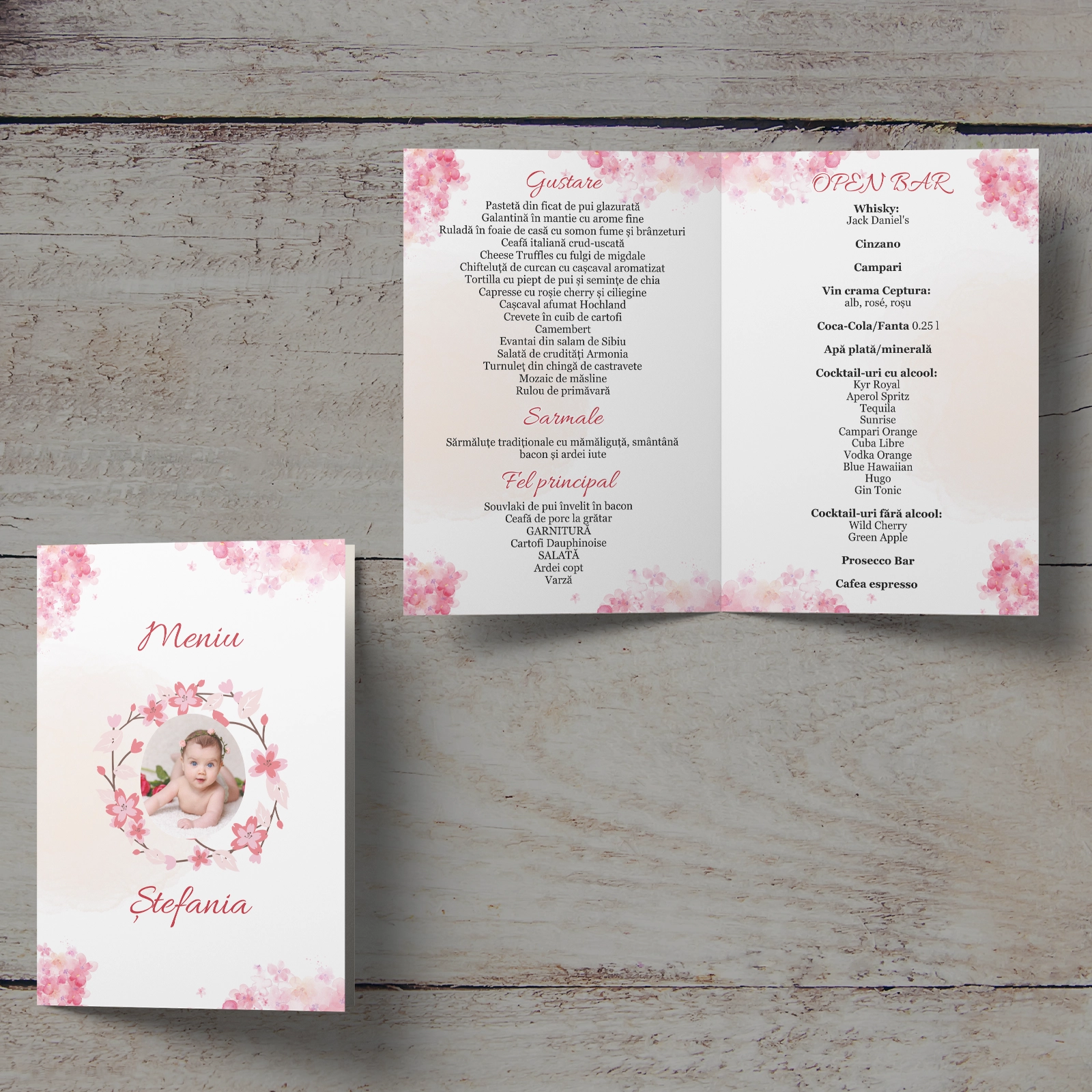 Meniu botez, design floral roz cu poză [2]