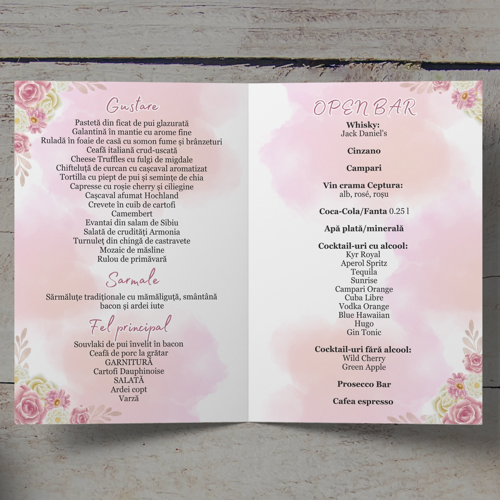 Meniu botez, model floral roz cu poză [3]