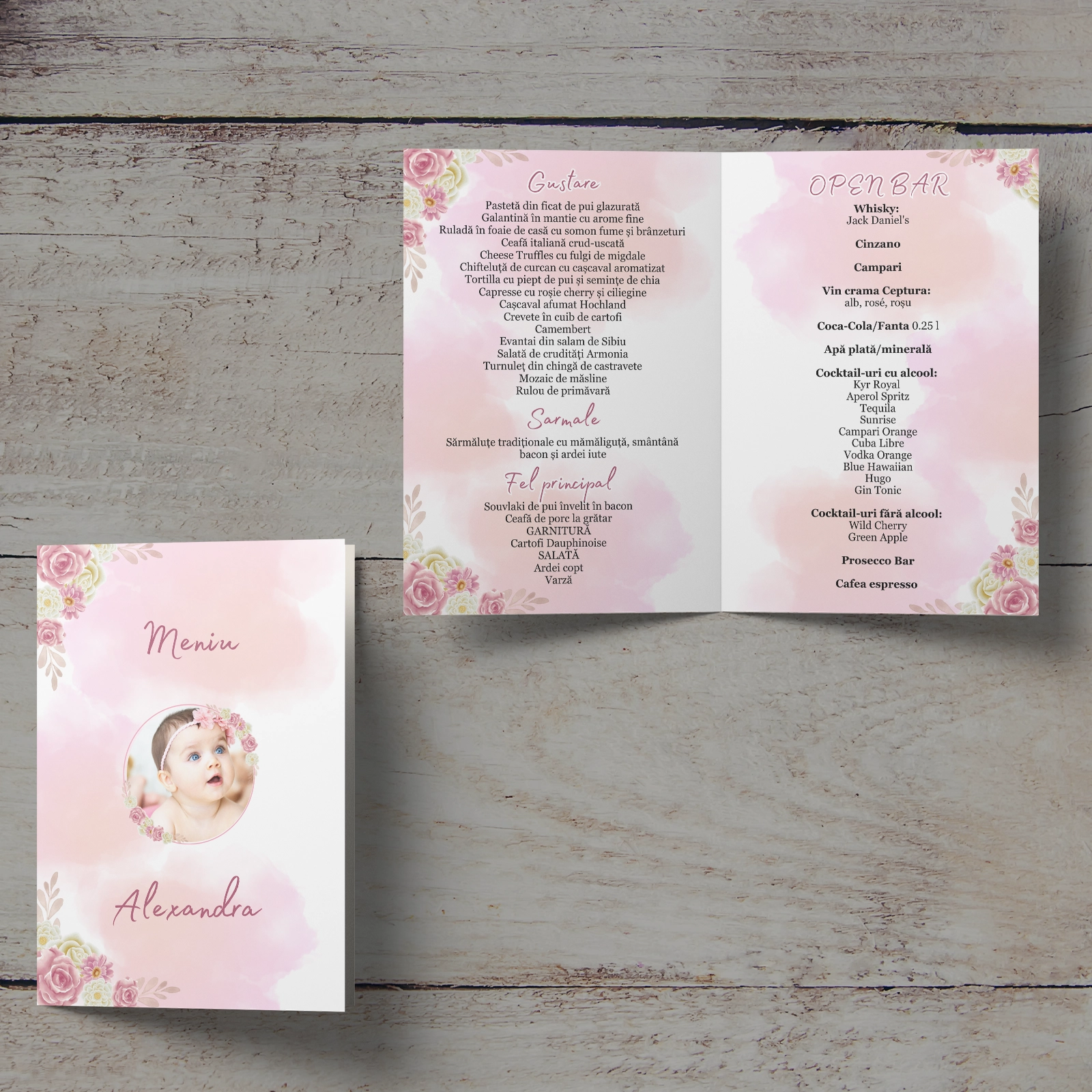Meniu botez, model floral roz cu poză [2]