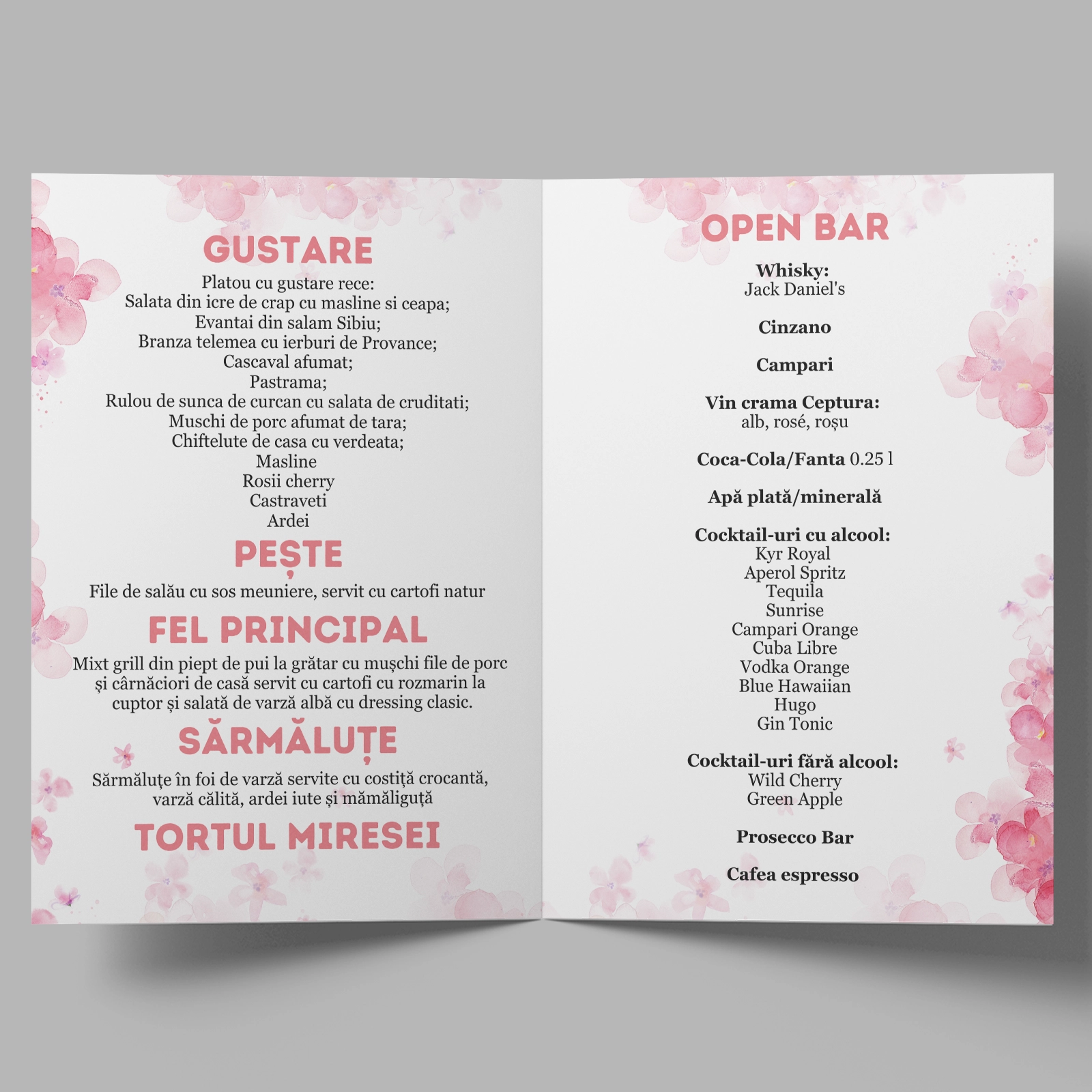 Meniu nuntă, design floral roz [2]
