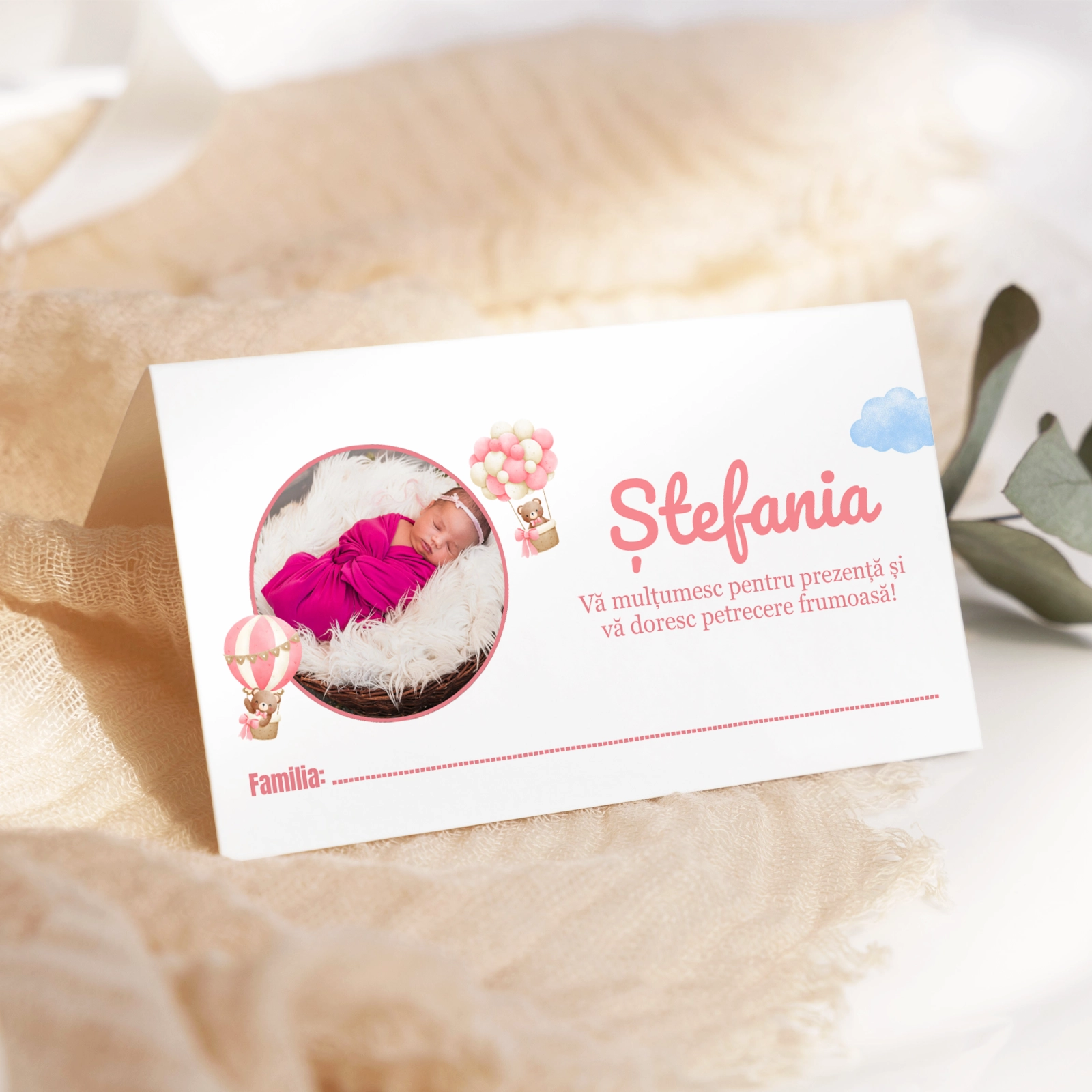 Plic bani botez roz cu poză și ursuleț [2]