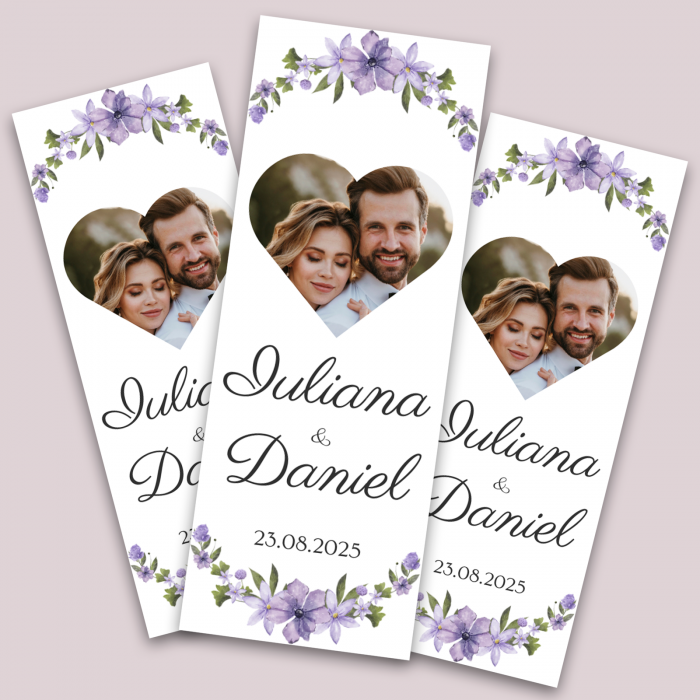 Set stickere nuntă personalizate 3x8 cm cu poză, nume miri și dată [1]