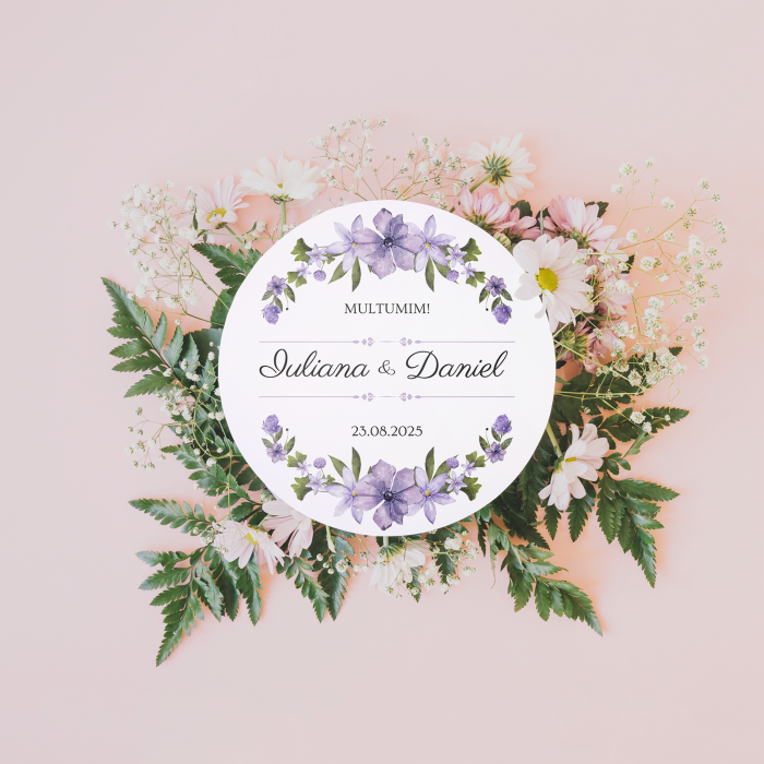 Set stickere nuntă personalizate cu nume miri, dată și mesaj - design floral [1]