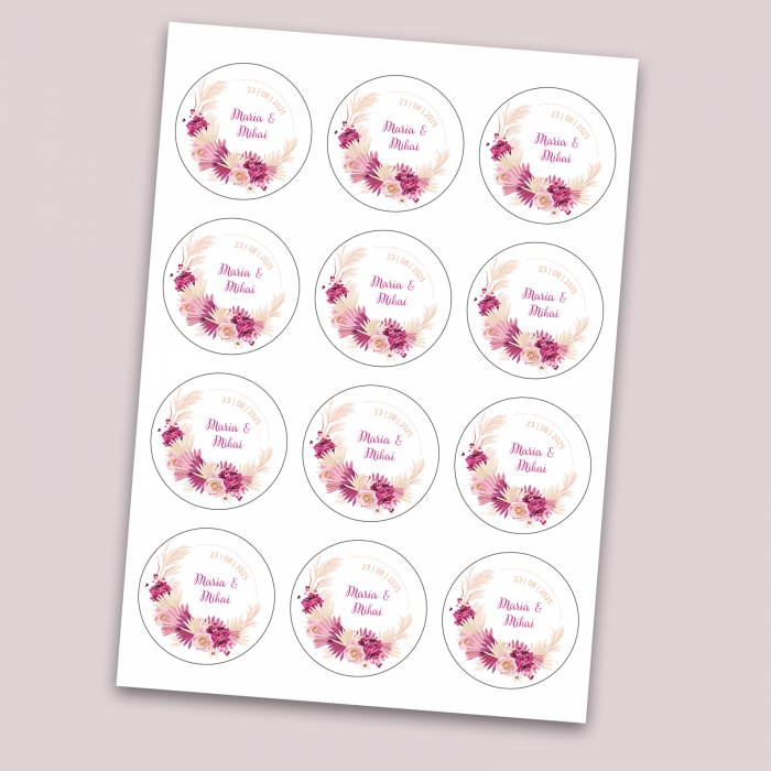 Set stickere nuntă personalizate cu nume miri și dată - design floral [2]