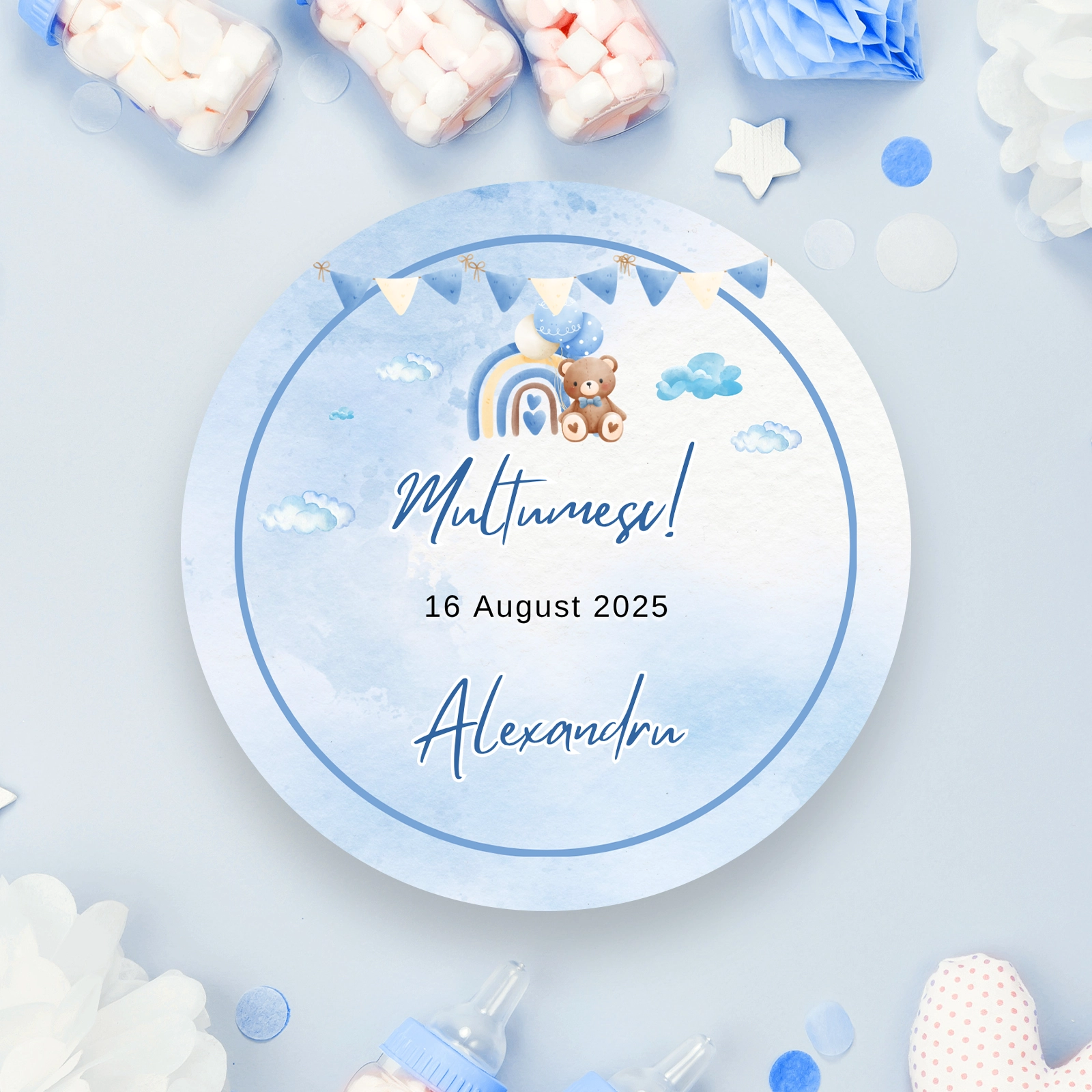 Etichete botez - Etichete botez albastre cu ursuleț
