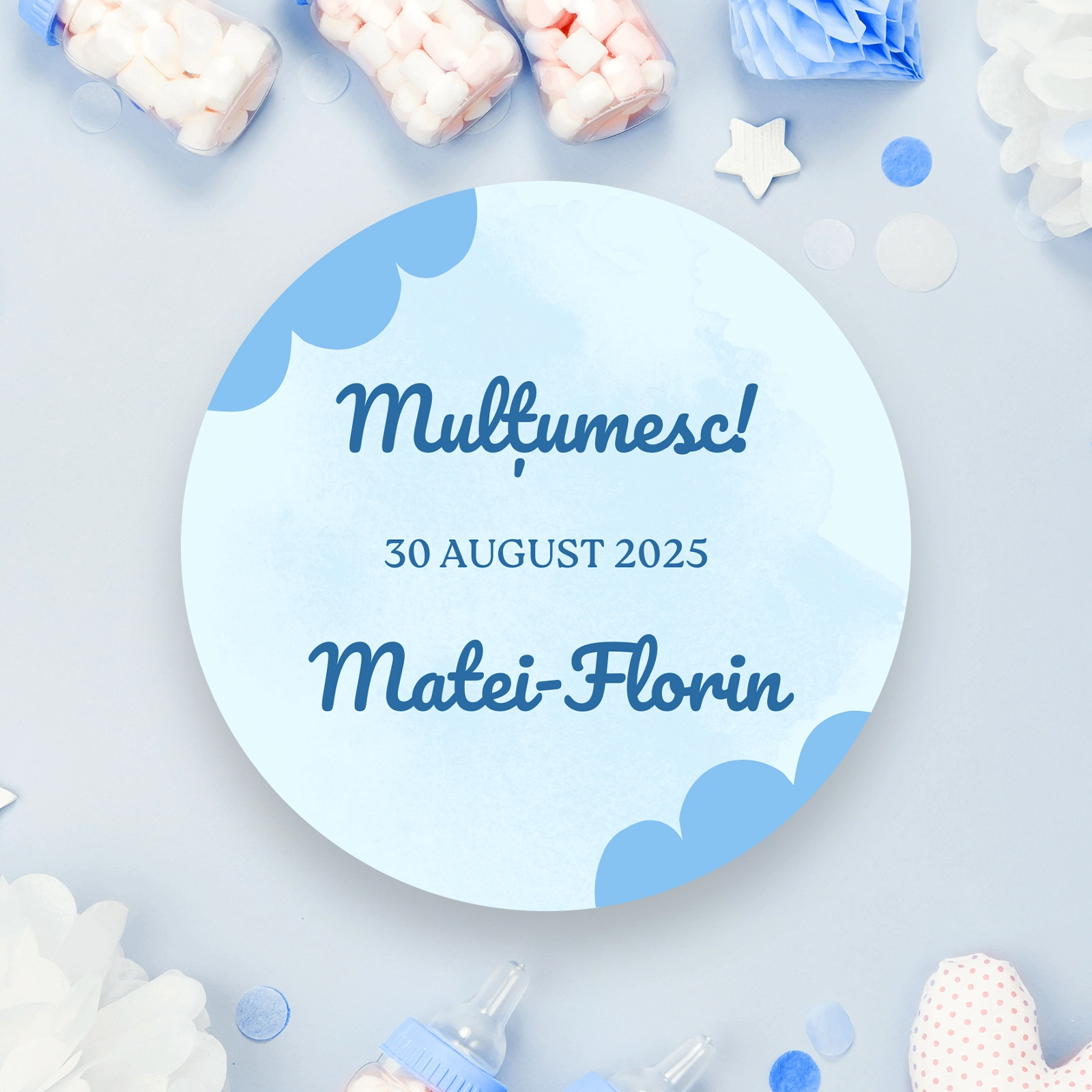 Etichete botez - Etichete botez albastre cu norișori