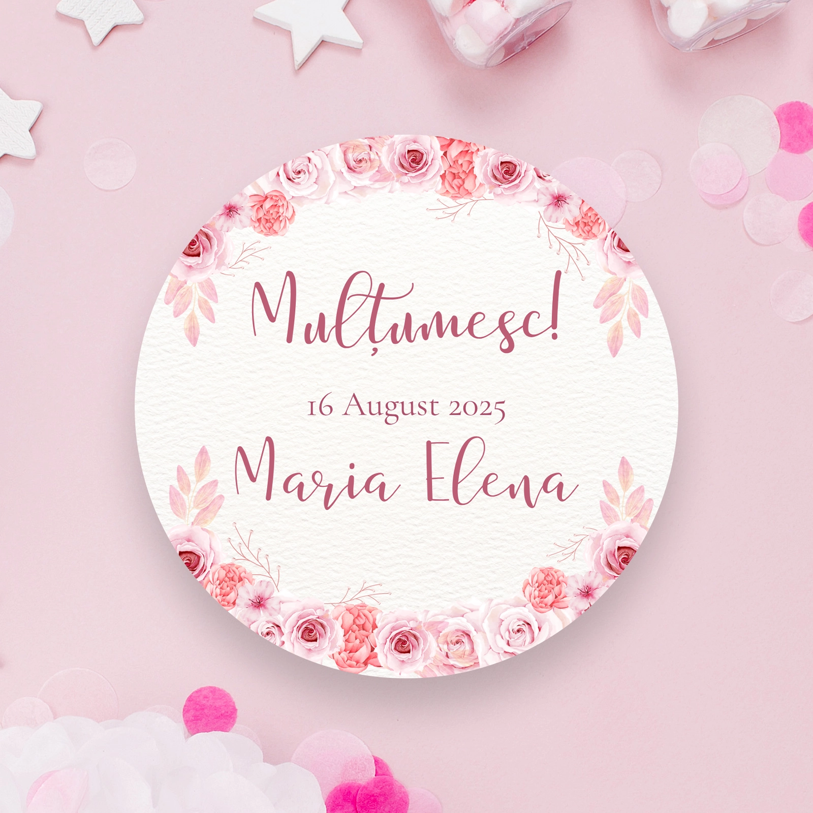 Etichete botez - Etichete botez model floral roz