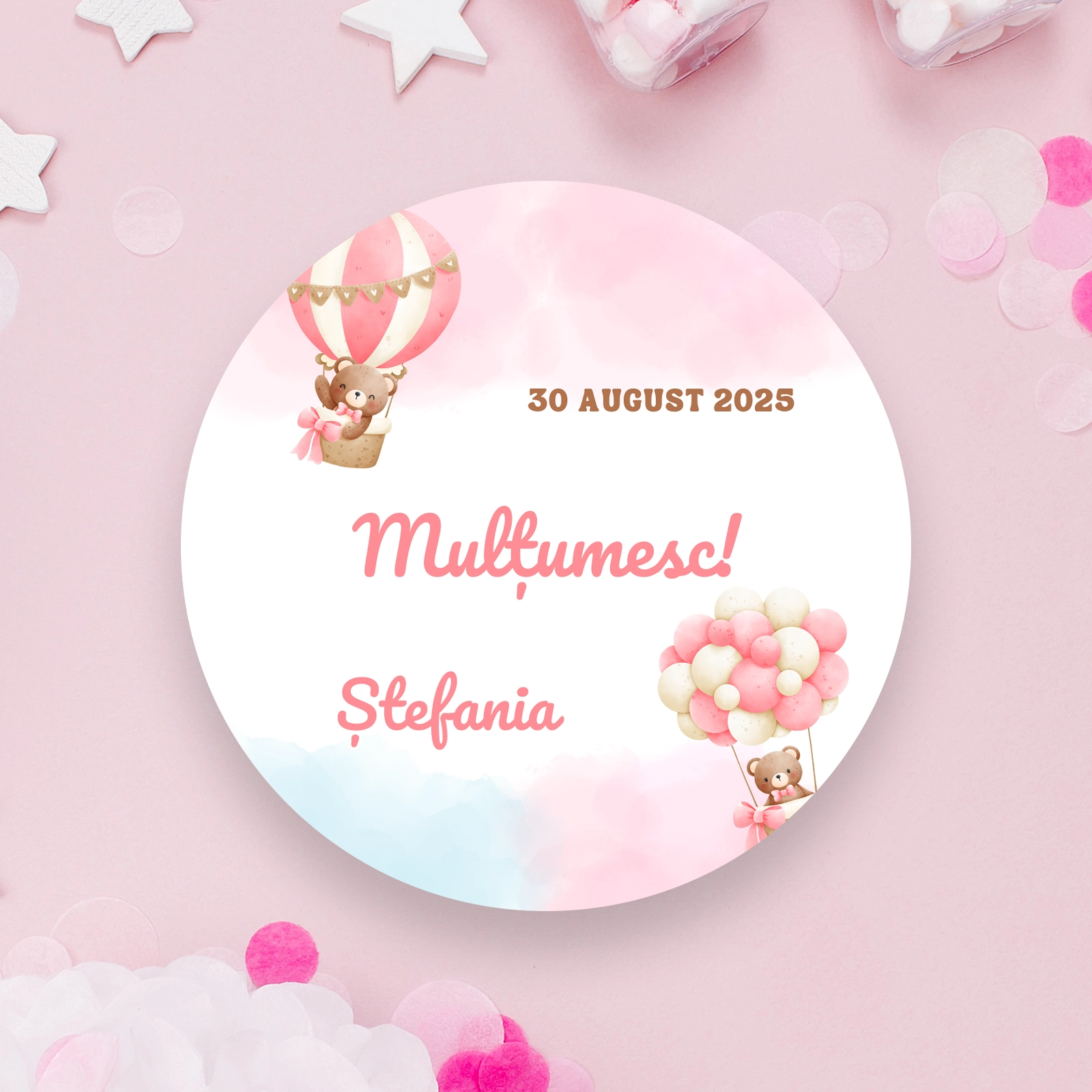 Etichete botez - Etichete botez roz cu baloane