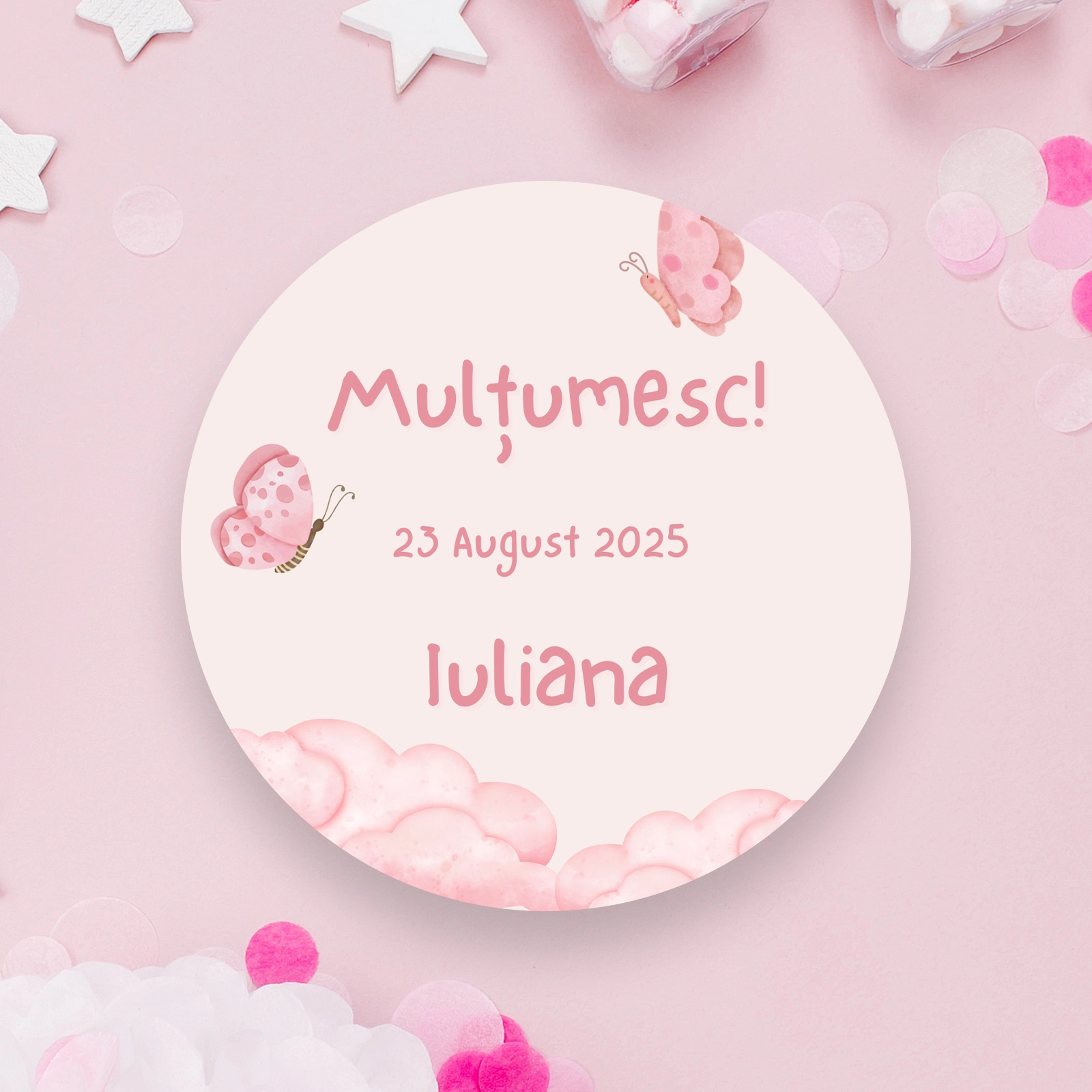 Etichete botez - Etichete botez roz cu fluturi