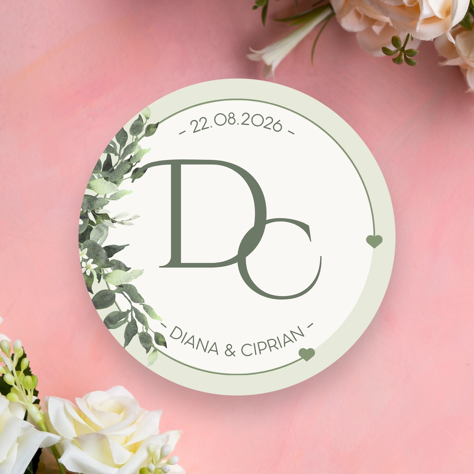 Stickere - Etichete nuntă, model floral cu inițiale