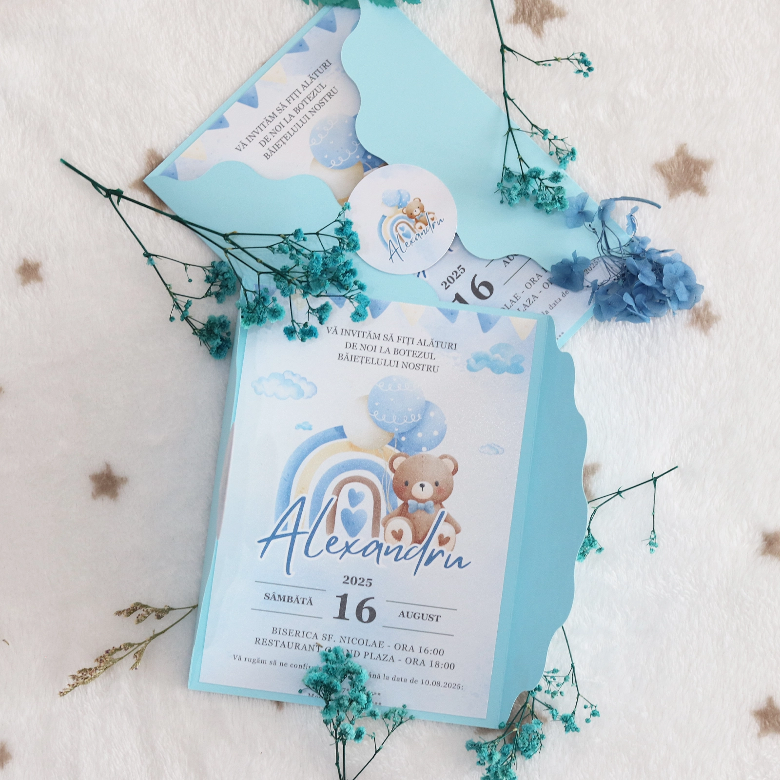 Invitație albastră botez cu ursuleț și plic [6]