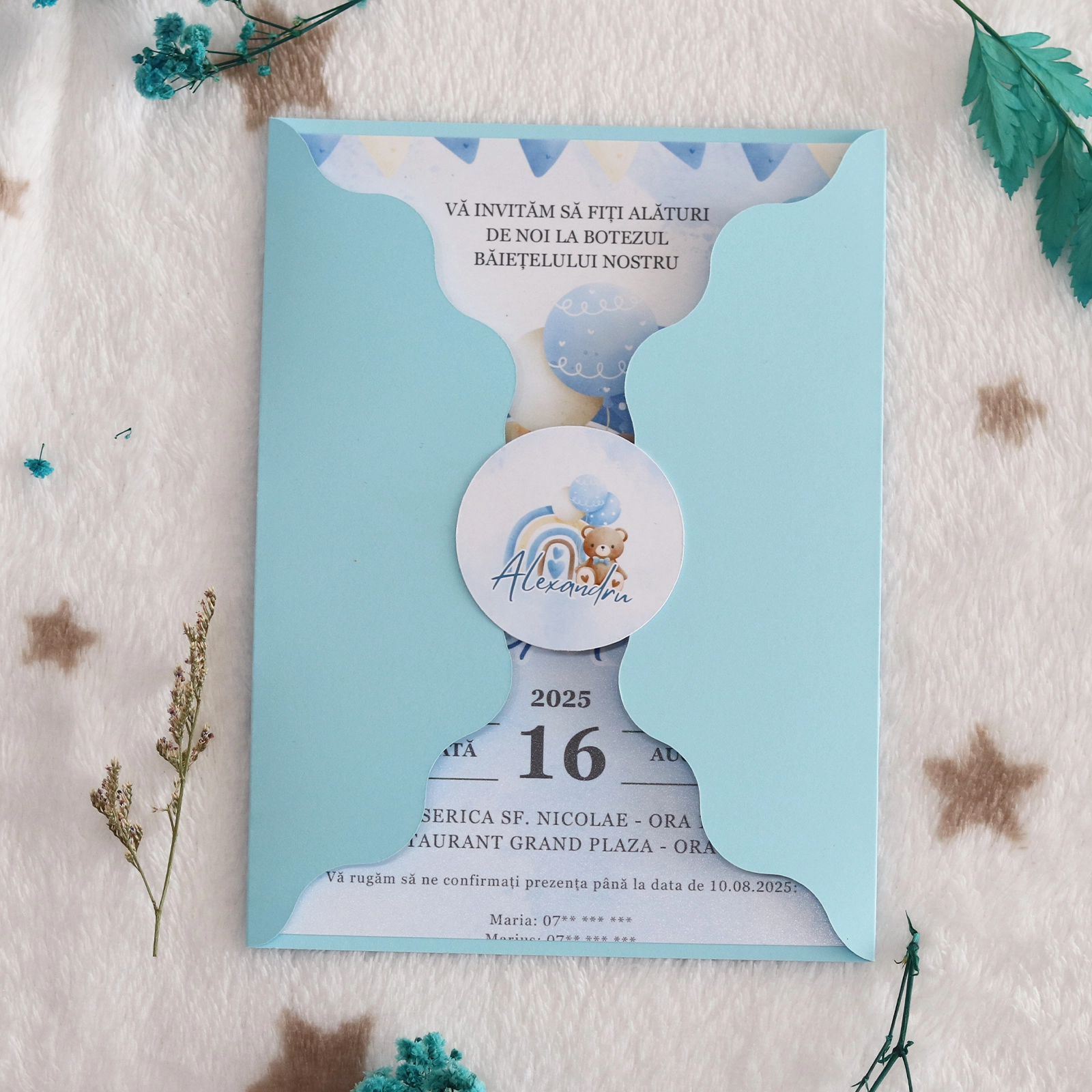 Invitație albastră botez cu ursuleț și plic [5]