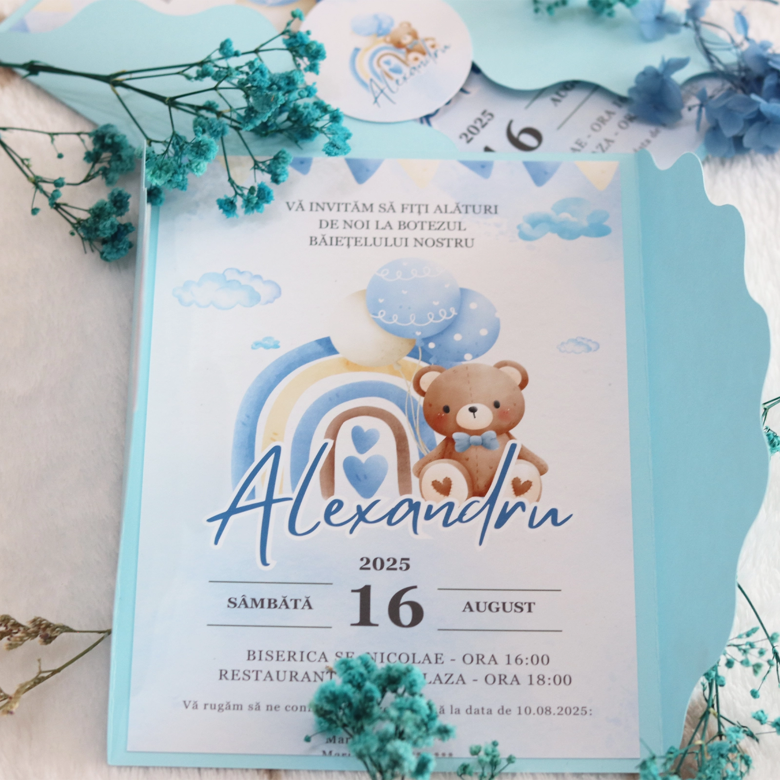 Invitații botez - Invitație albastră botez cu ursuleț și plic