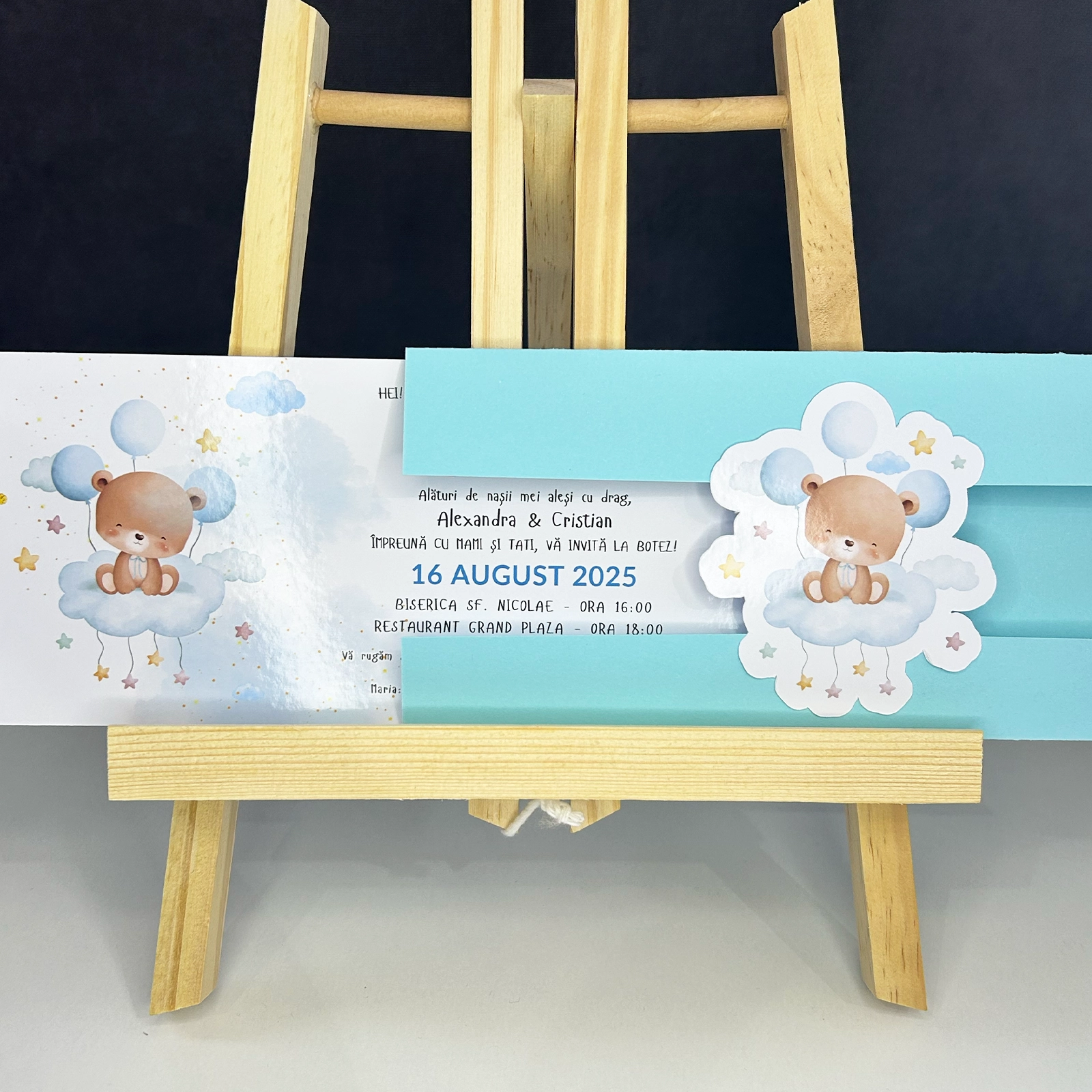 Invitații botez - Invitație botez albastră cu ursuleț