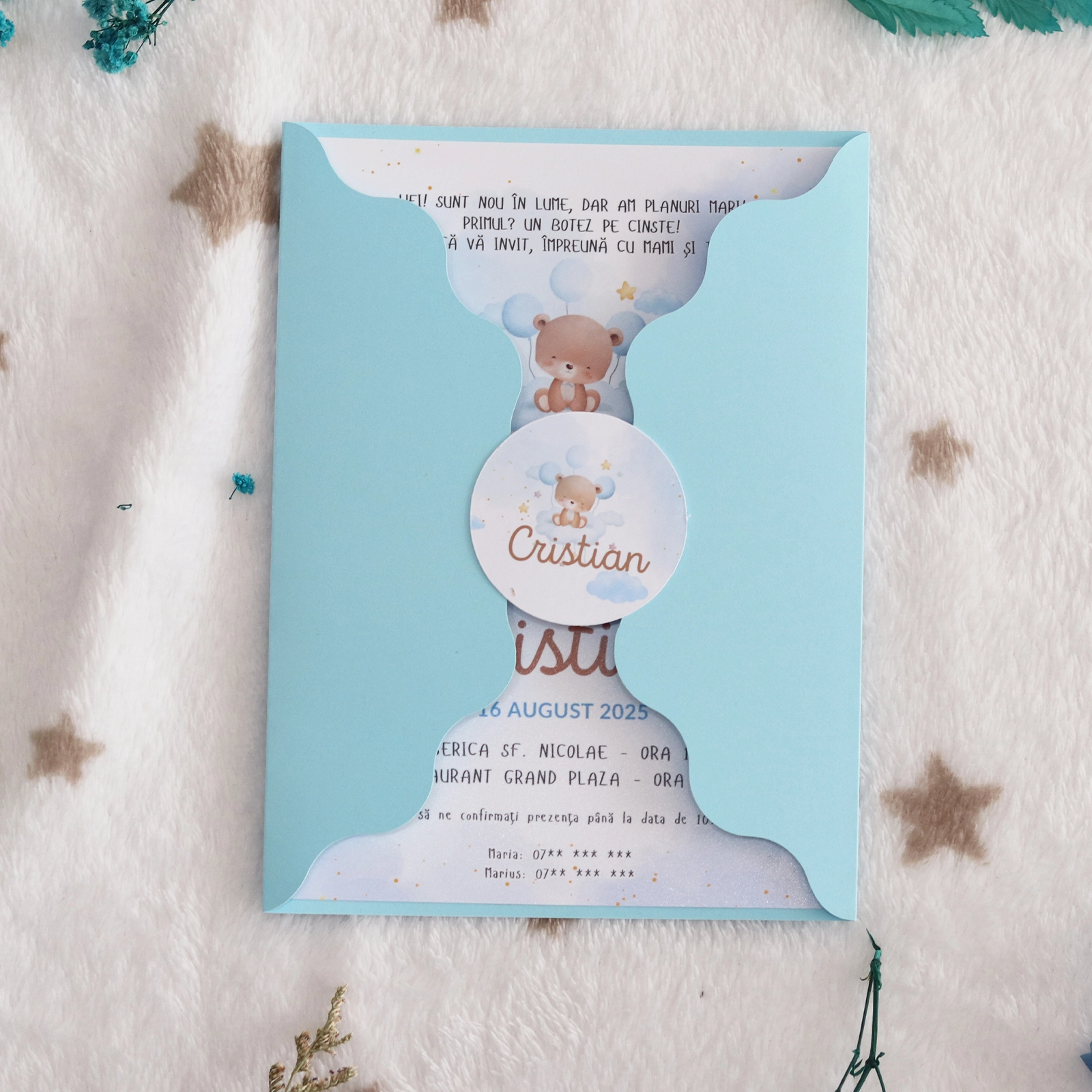 Invitație botez albastră cu ursuleț și plic [5]