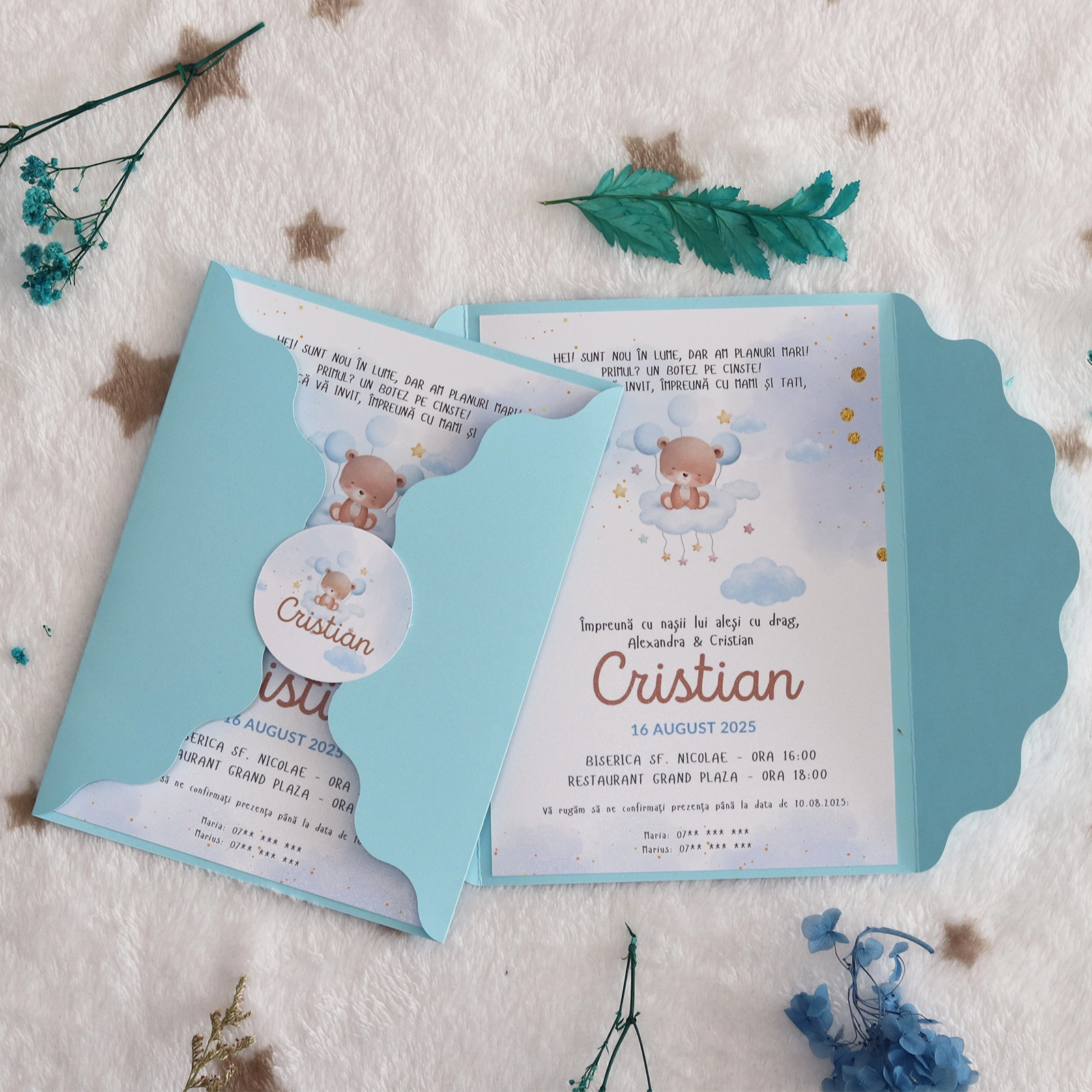 Invitații botez - Invitație botez albastră cu ursuleț și plic