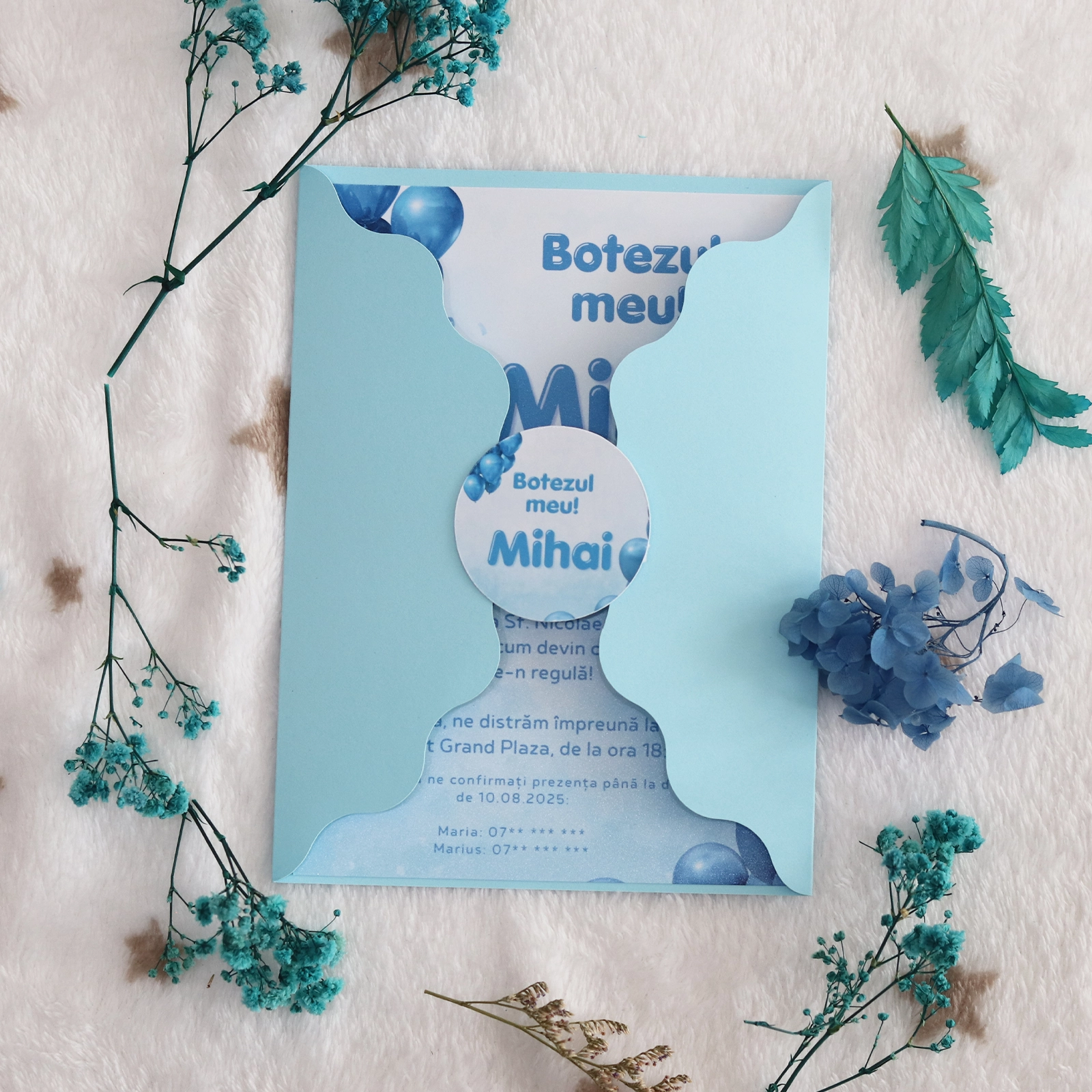 Invitație botez cu baloane și plic albastru [5]